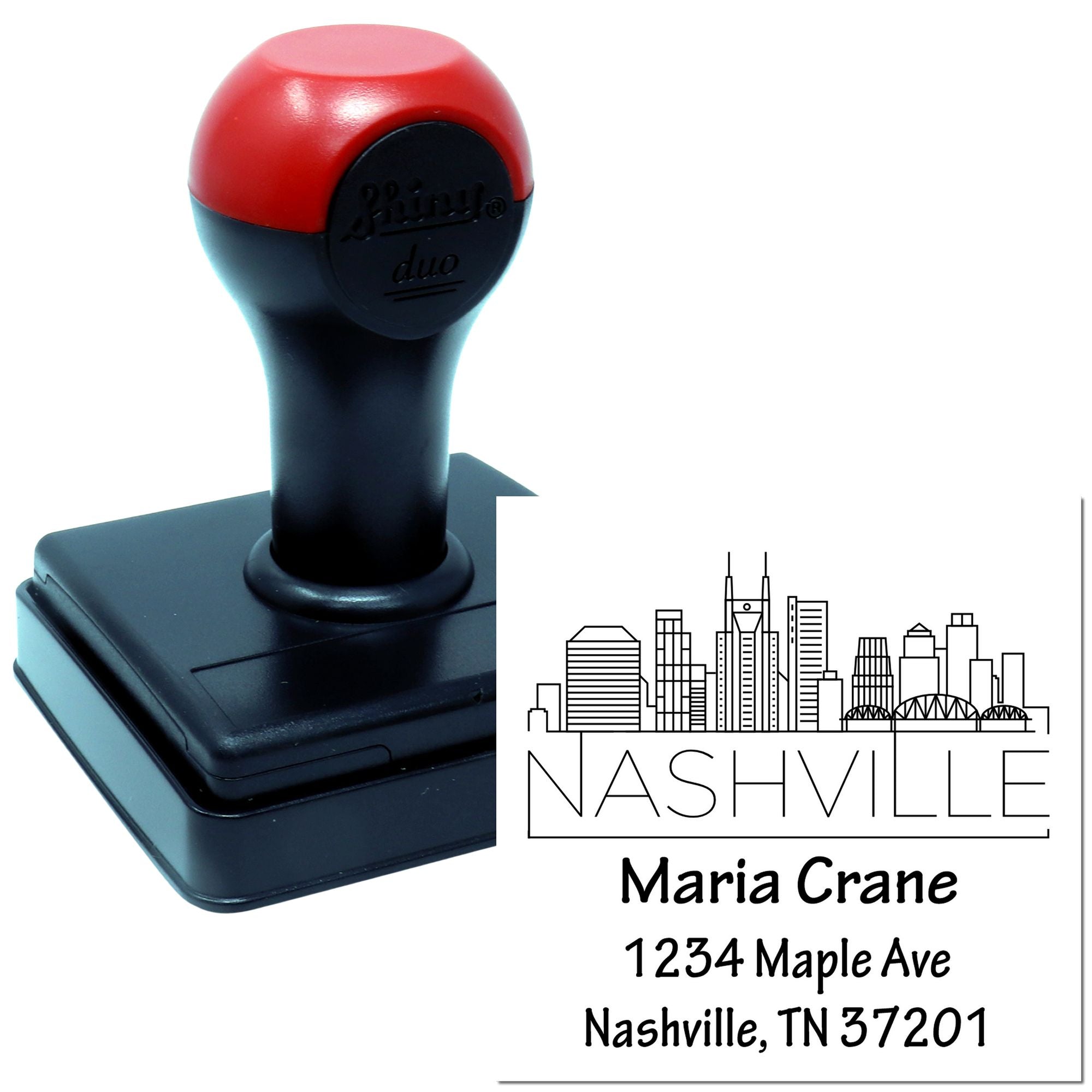 Personalized Nashville return address self-inking rubber stamp with skyline design and custom name and address.