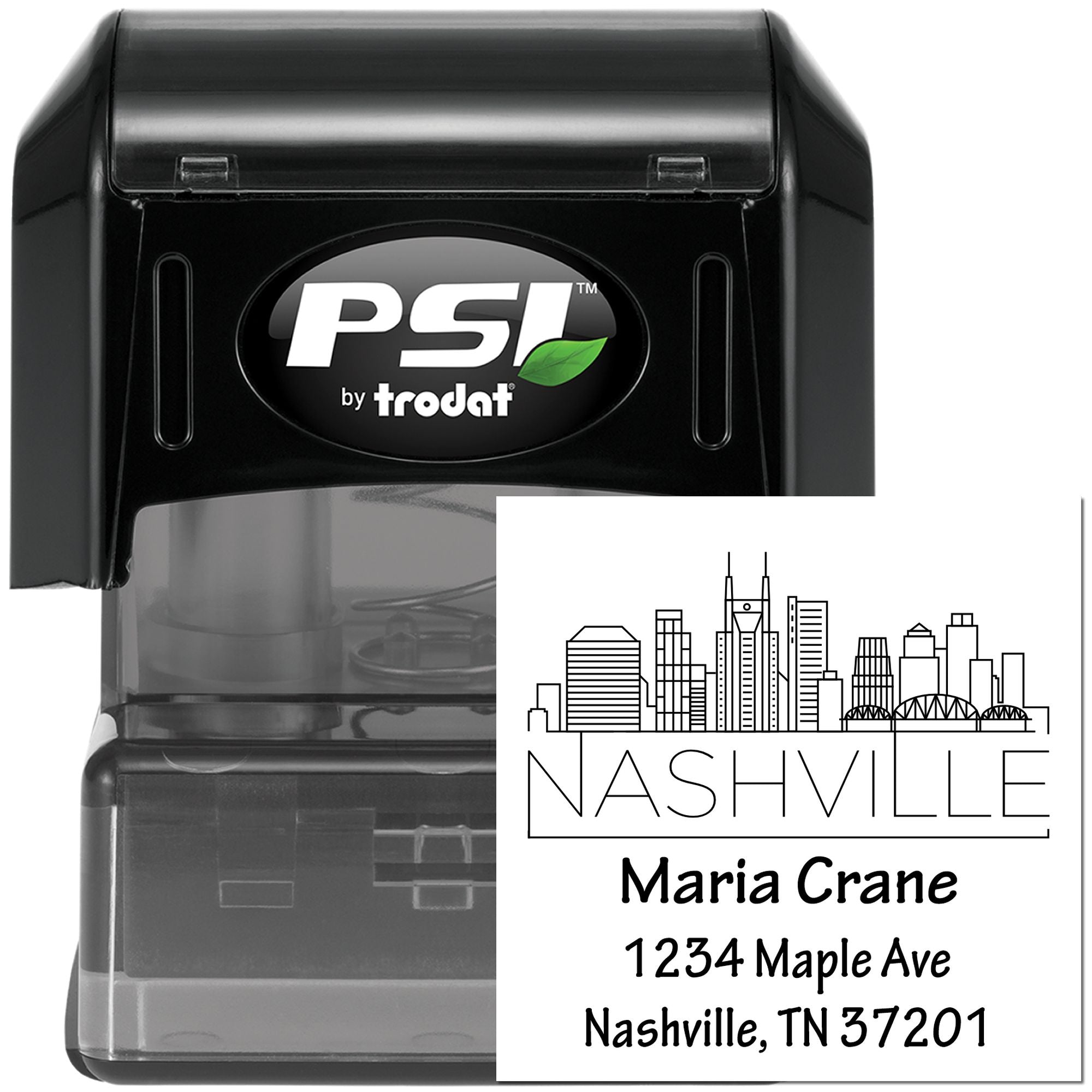 PSI by Trodat self-inking custom address rubber stamp with Nashville skyline and personalized return address imprint.
