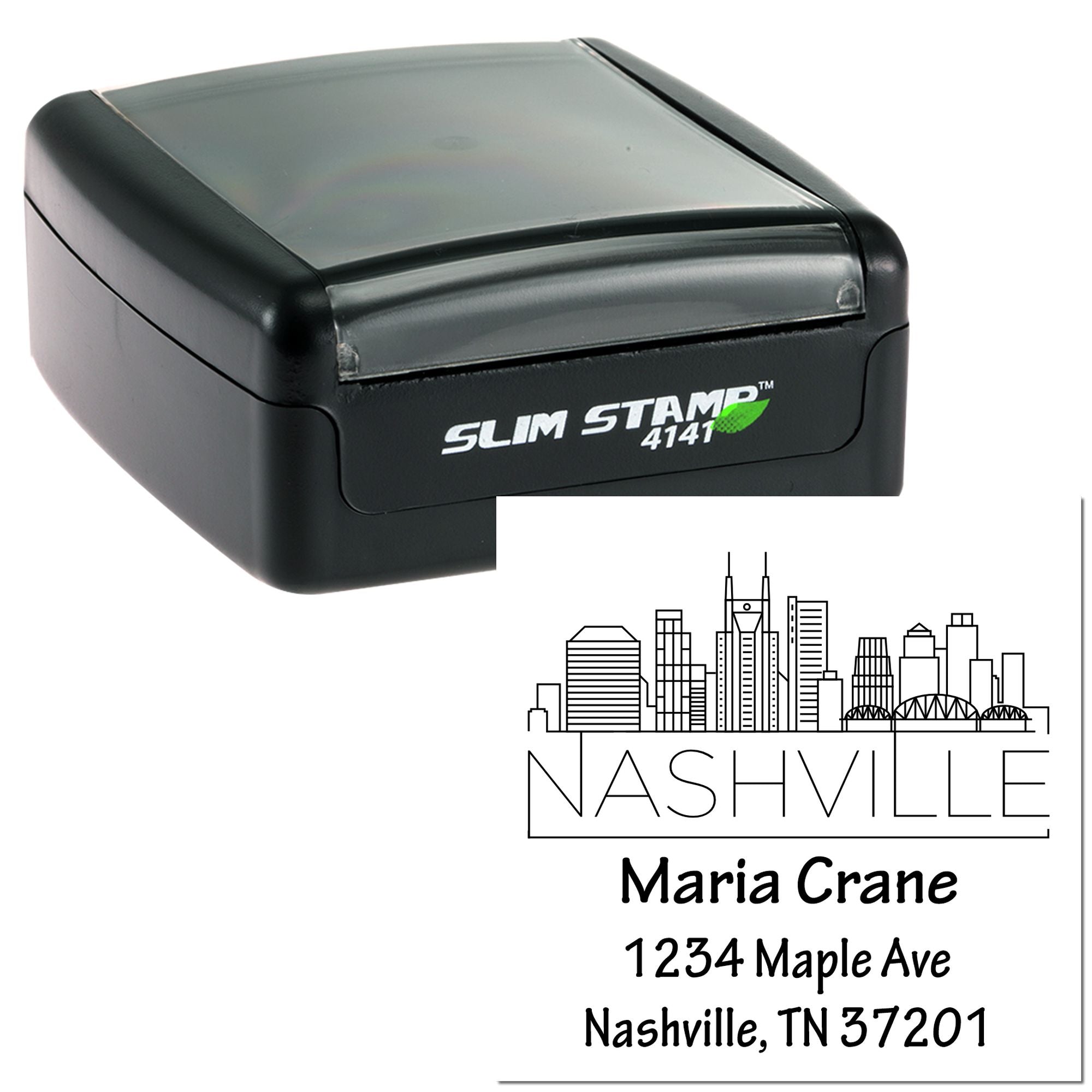 Custom self-inking rubber stamp with Nashville skyline design and personalized address for Maria Crane, 1234 Maple Ave, TN 37201