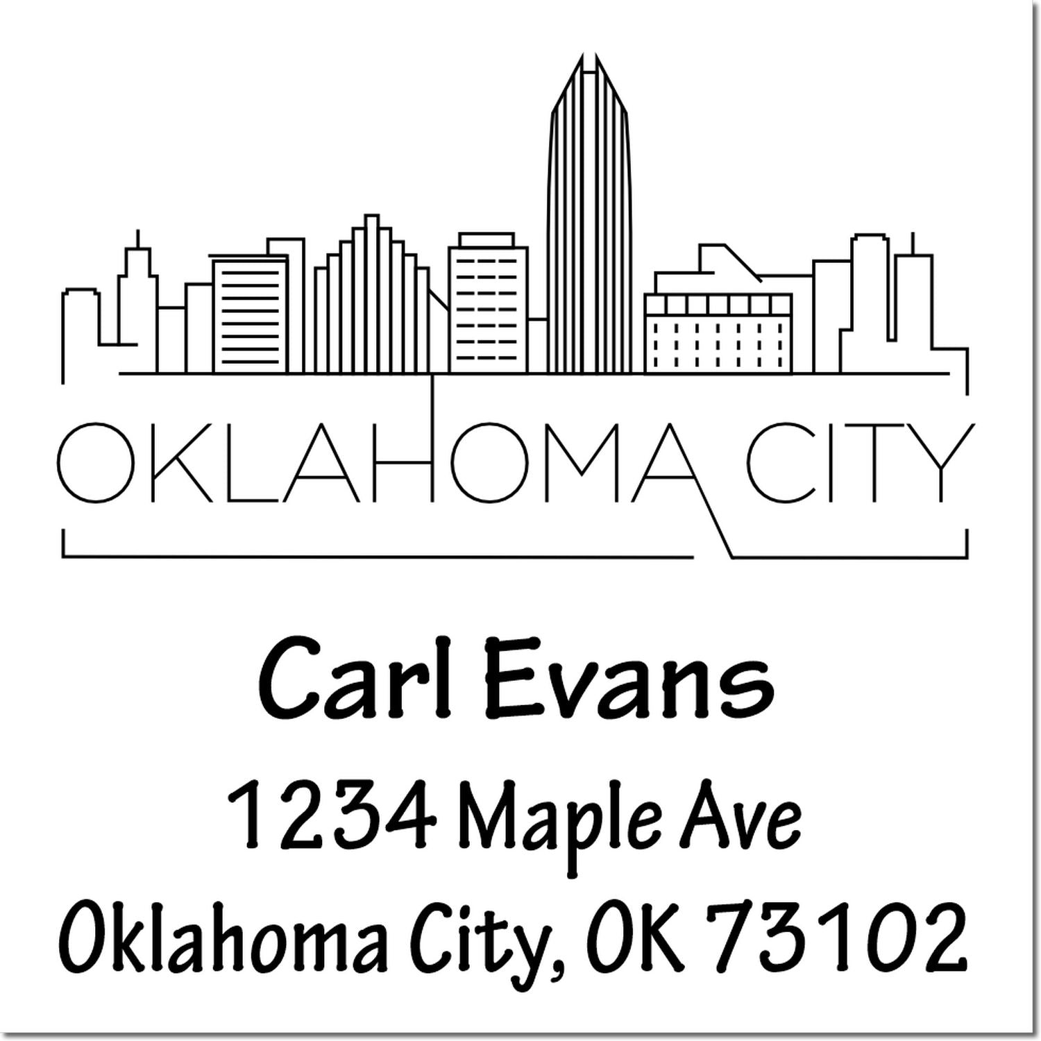 Custom Oklahoma City return address rubber stamp with skyline art for Carl Evans, 1234 Maple Ave, Oklahoma City, OK 73102