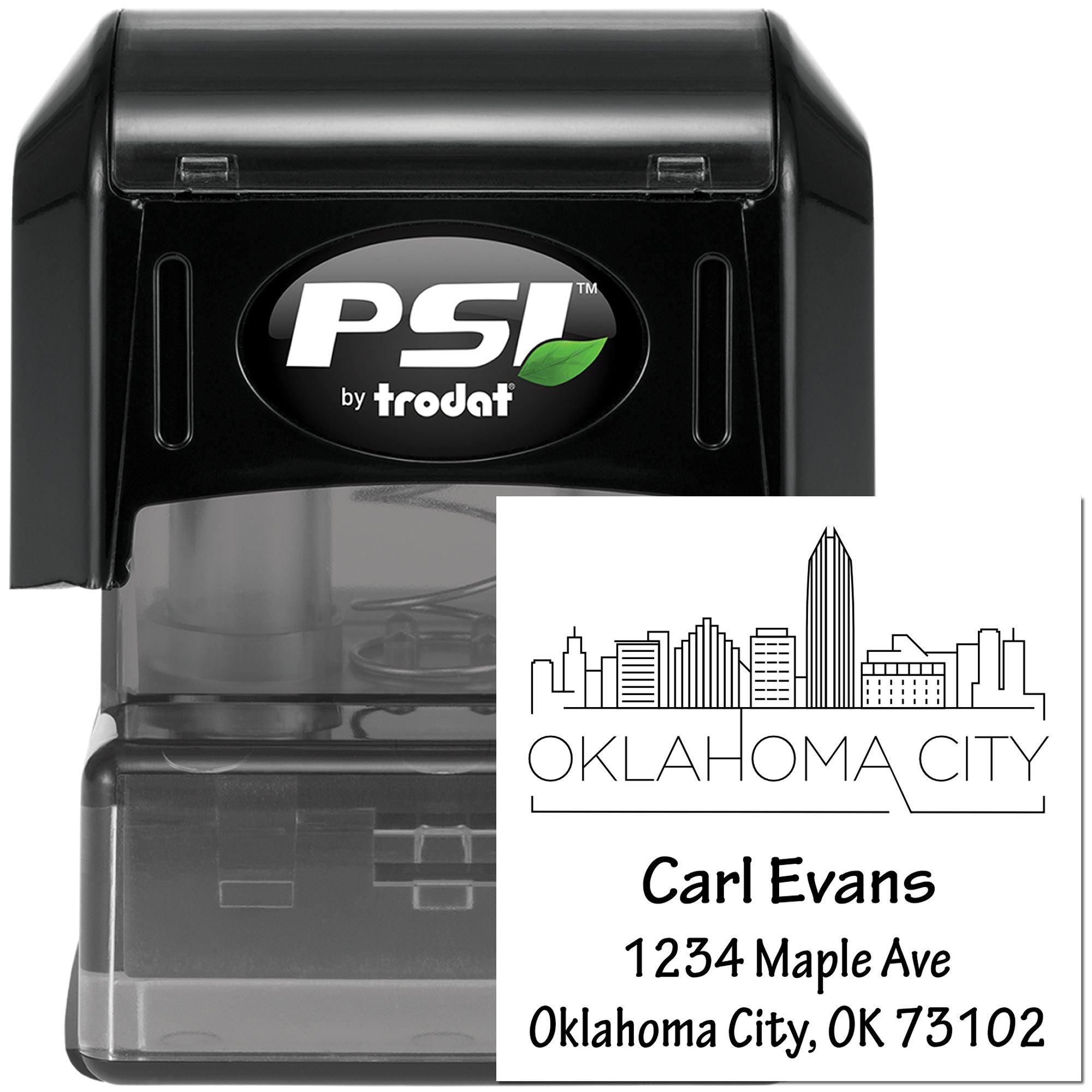 Personalized PSI by Trodat self-inking rubber stamp with Oklahoma City skyline, name, and return address imprint