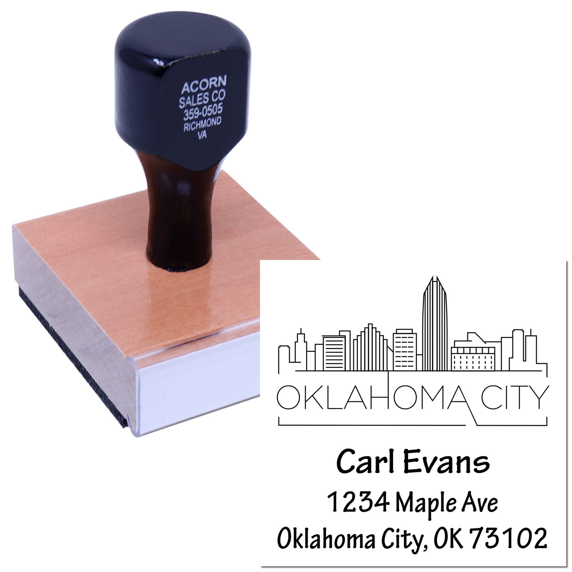 Custom Oklahoma City skyline return address rubber stamp for Carl Evans, showing name and full mailing address.