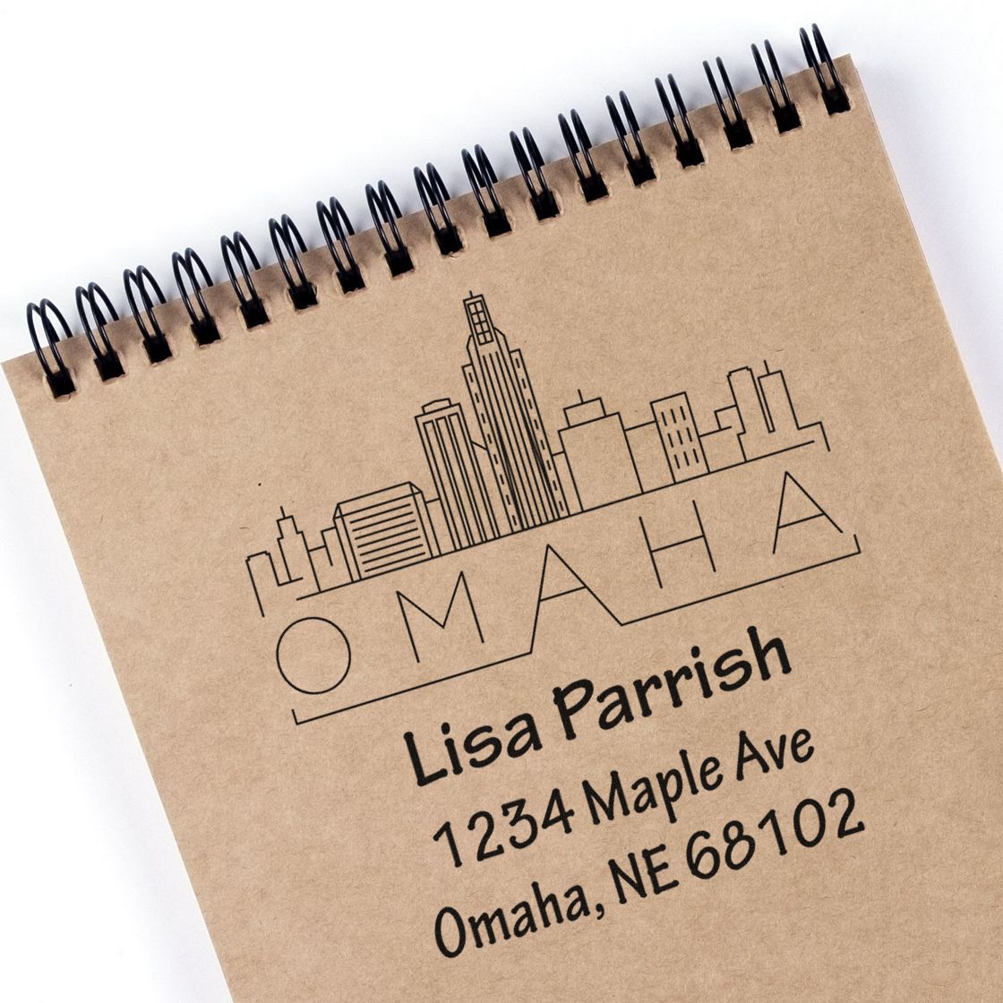 Personalized Omaha return address rubber stamp with skyline design for mailing and packaging.