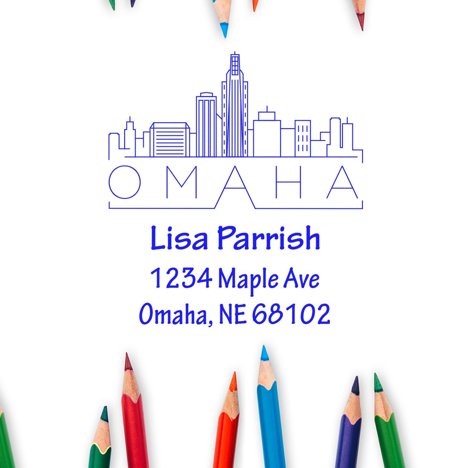 Personalized Omaha return address rubber stamp with skyline, Lisa Parrish, 1234 Maple Ave, Omaha, NE 68102.