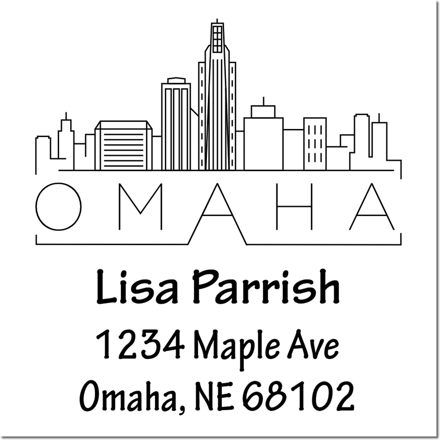 Omaha skyline custom address rubber stamp with Lisa Parrish, 1234 Maple Ave, Omaha, NE 68102.