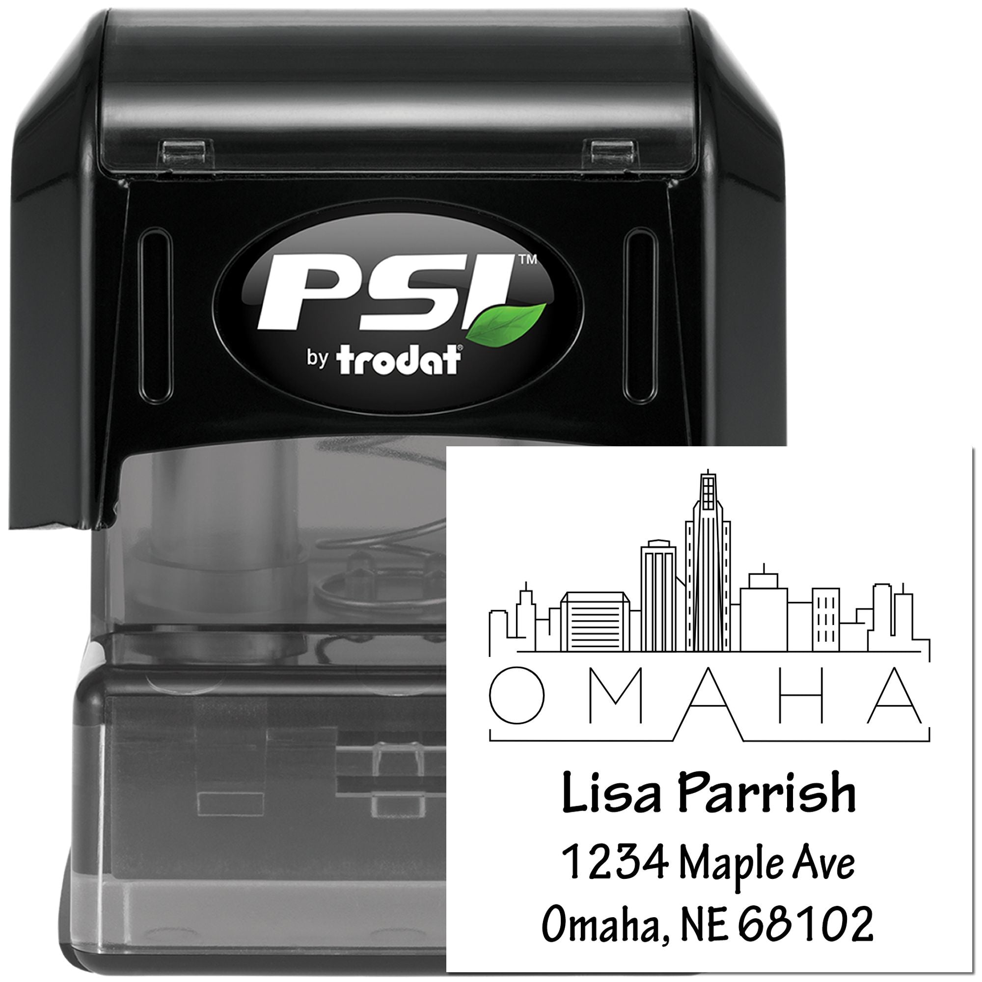 PSI by Trodat self-inking custom address rubber stamp with Omaha skyline design and personalized name and address