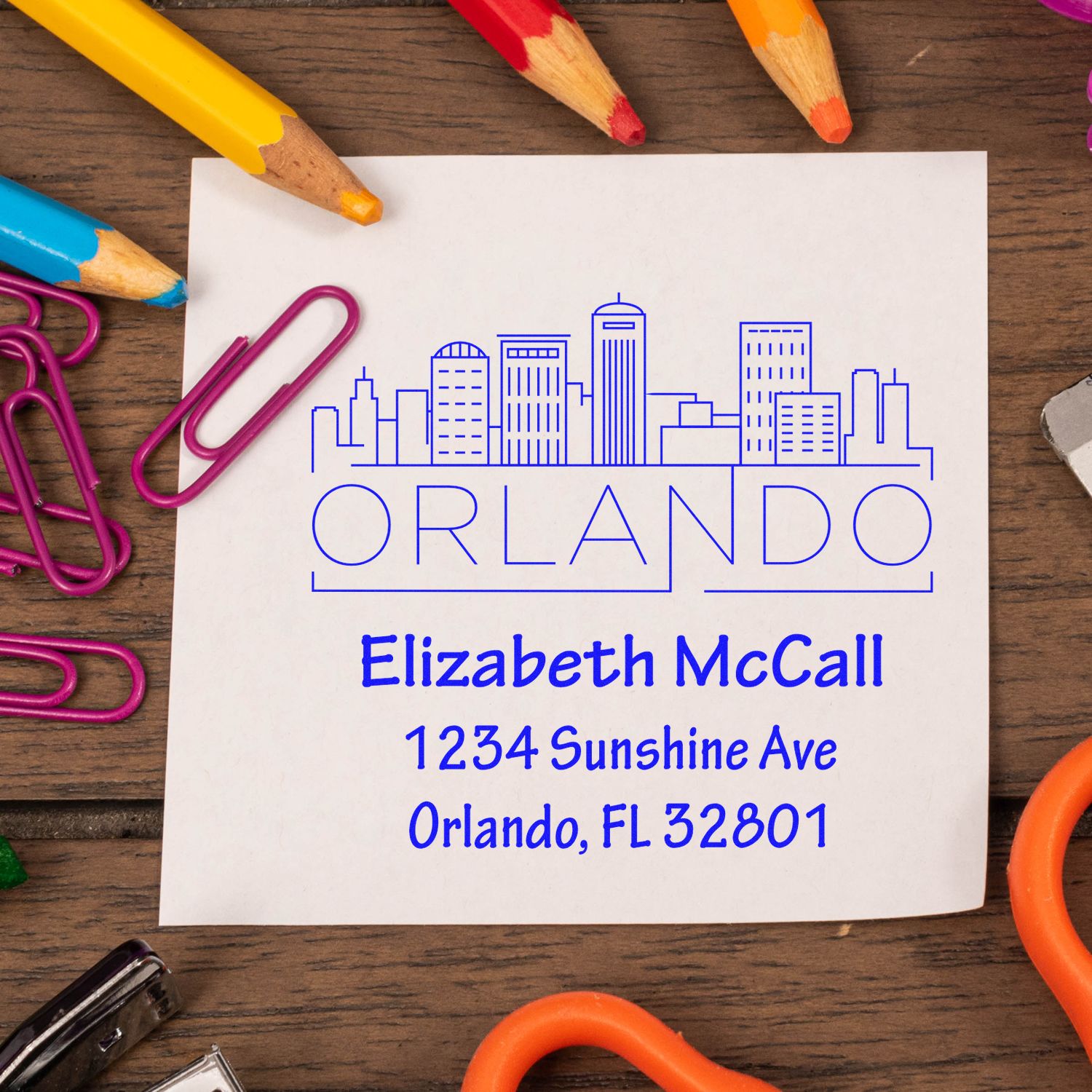 Custom Orlando return address rubber stamp with skyline design for personalized mailing and stationery.