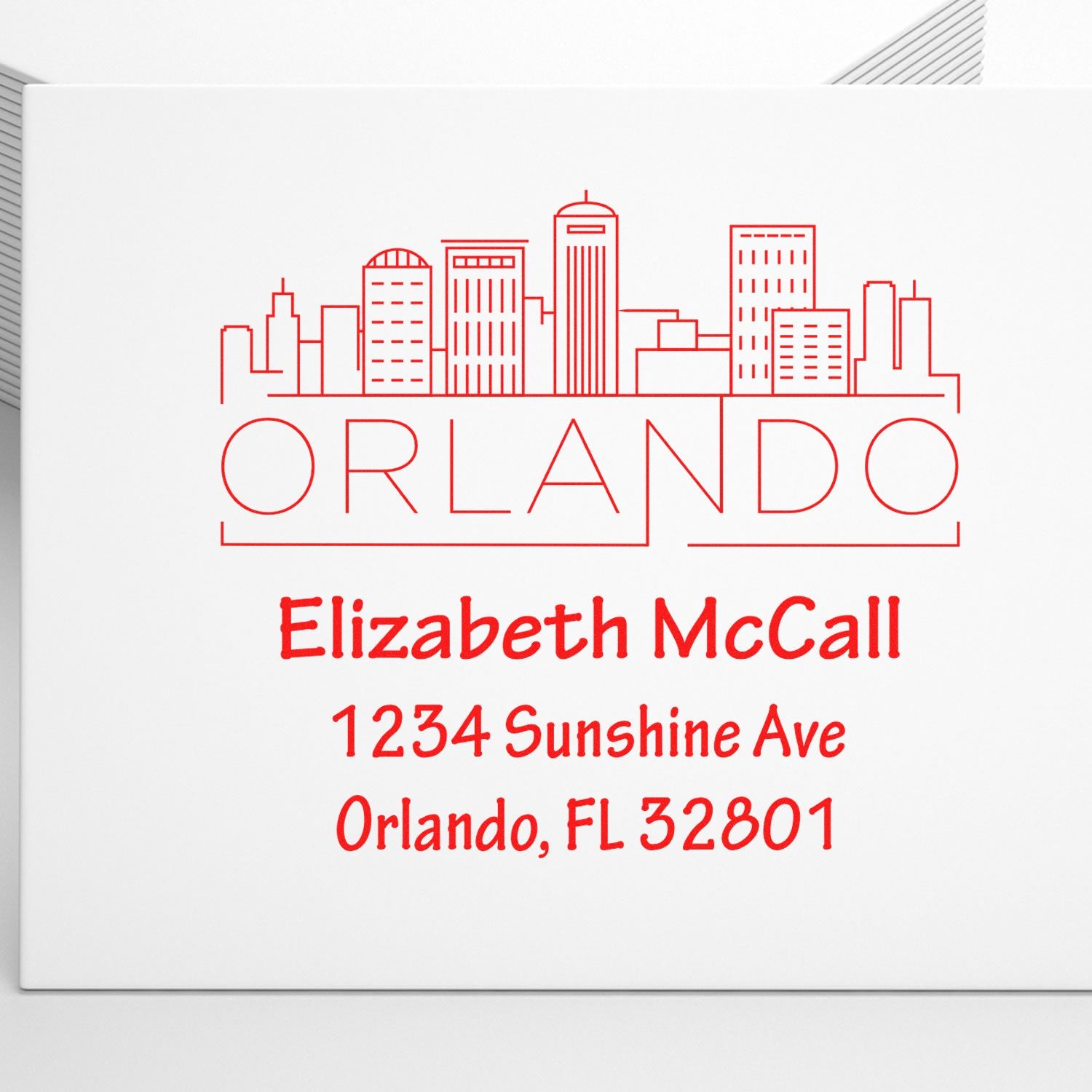 Personalized Orlando return address rubber stamp with skyline, Elizabeth McCall, 1234 Sunshine Ave, Orlando, FL 32801