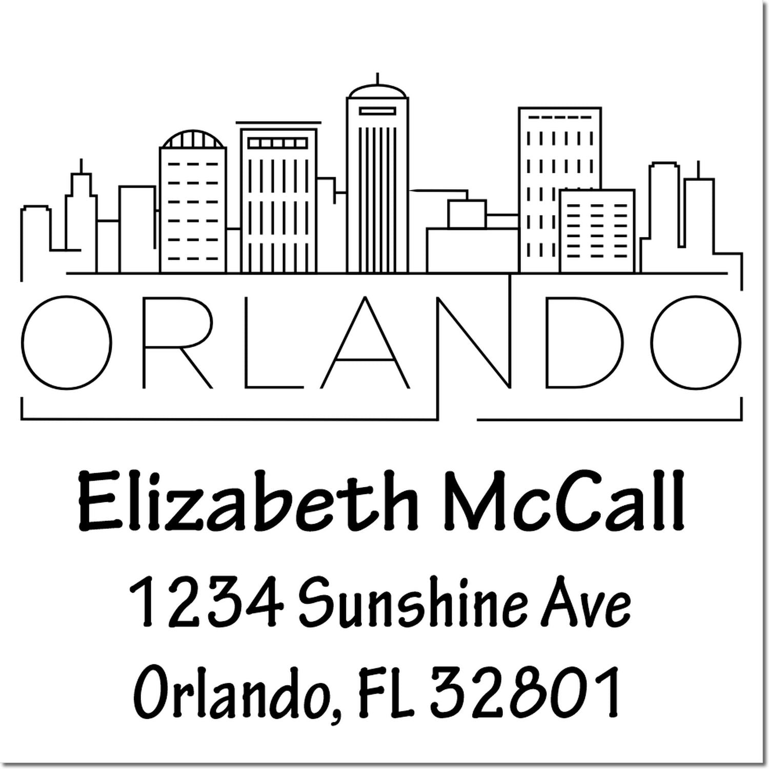 Personalized Orlando skyline return address rubber stamp with name, street address, and Orlando, FL 32801.