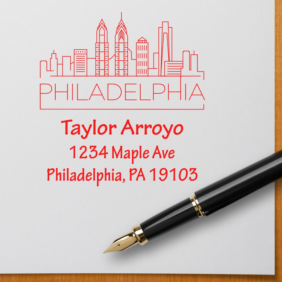 Personalized Philadelphia return address rubber stamp with skyline, Taylor Arroyo, 1234 Maple Ave, Philadelphia, PA 19103.