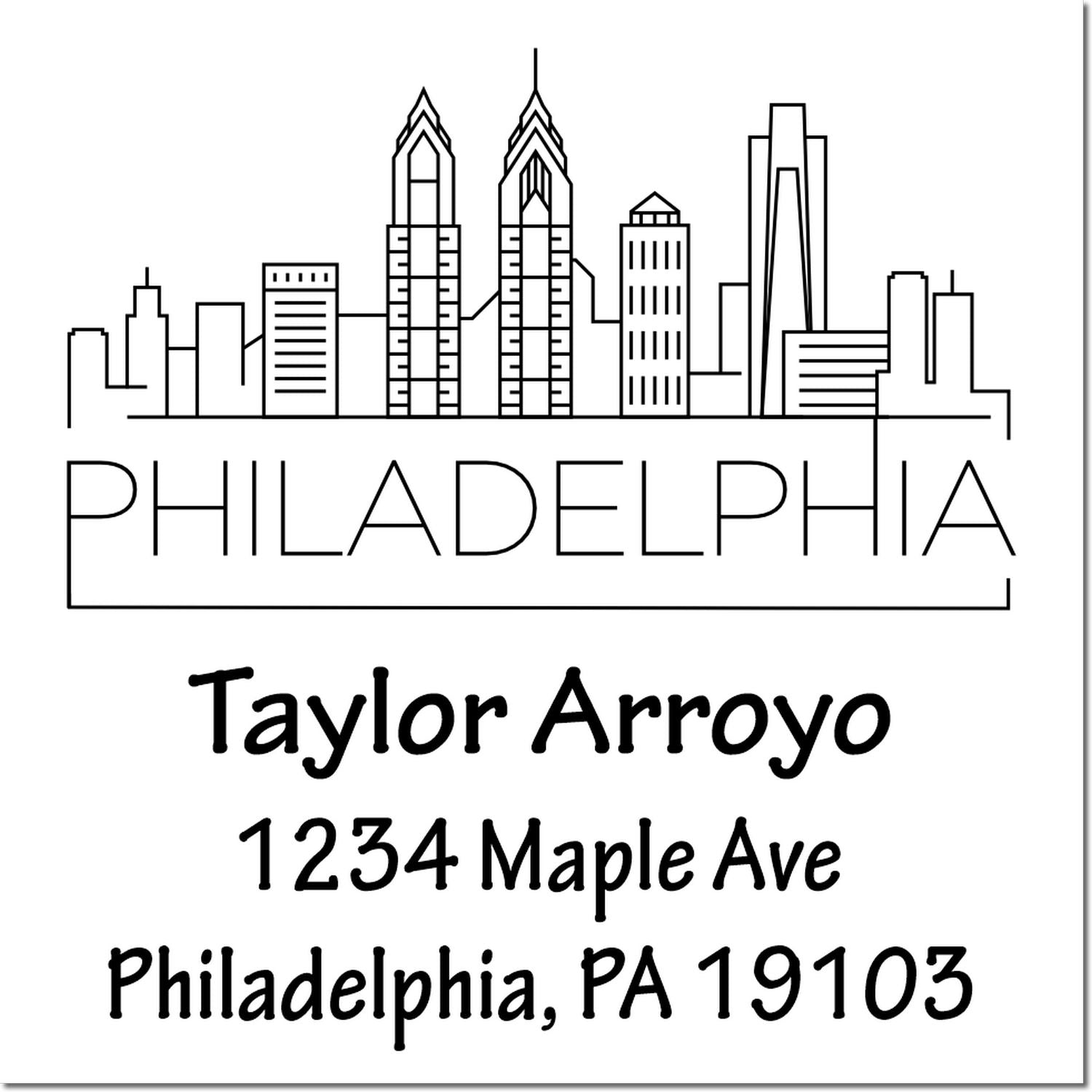 Custom Philadelphia skyline address stamp with name Taylor Arroyo, 1234 Maple Ave, Philadelphia, PA 19103 for mailing and labels.