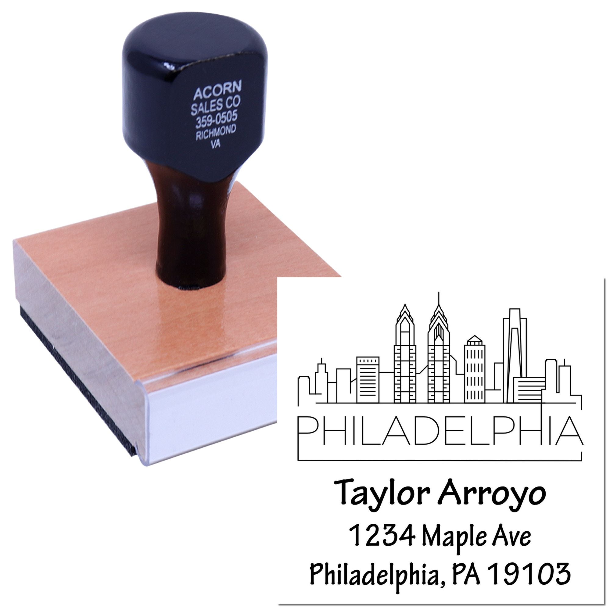 Custom Philadelphia skyline rubber stamp with personalized name and address imprint for business or return mail.