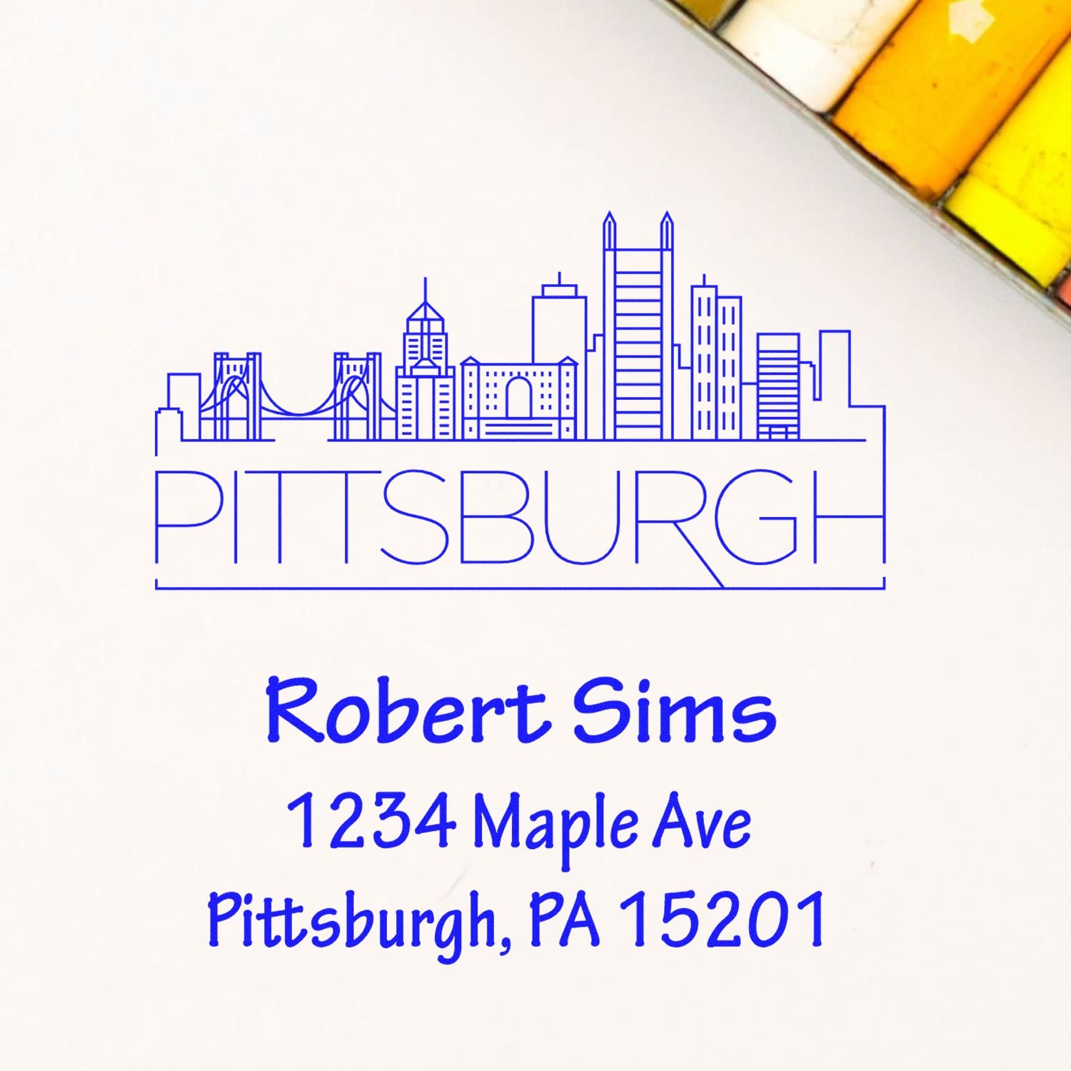 Custom Pittsburgh return address rubber stamp with skyline, Robert Sims, 1234 Maple Ave, Pittsburgh, PA 15201.