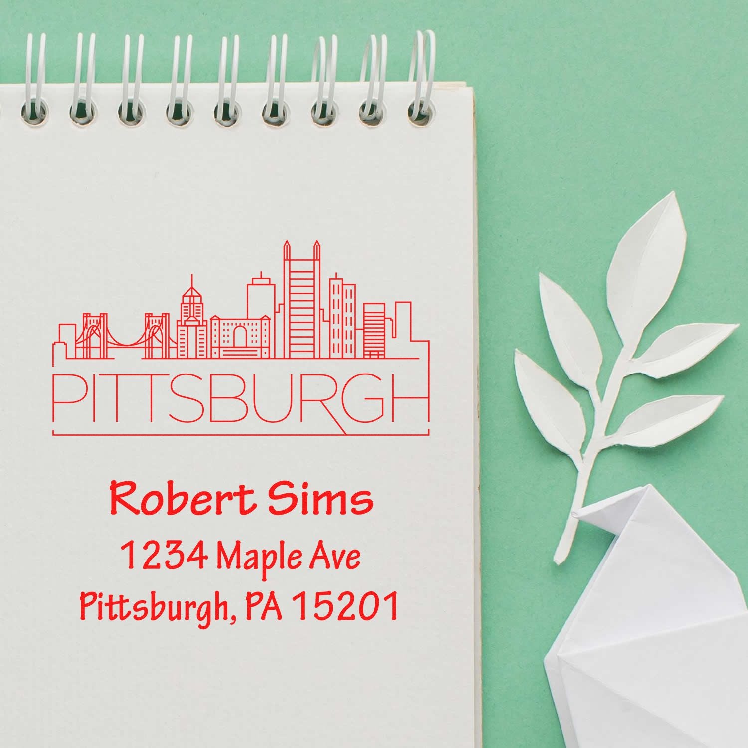 Custom Pittsburgh return address rubber stamp with skyline, Robert Sims, 1234 Maple Ave, Pittsburgh, PA 15201