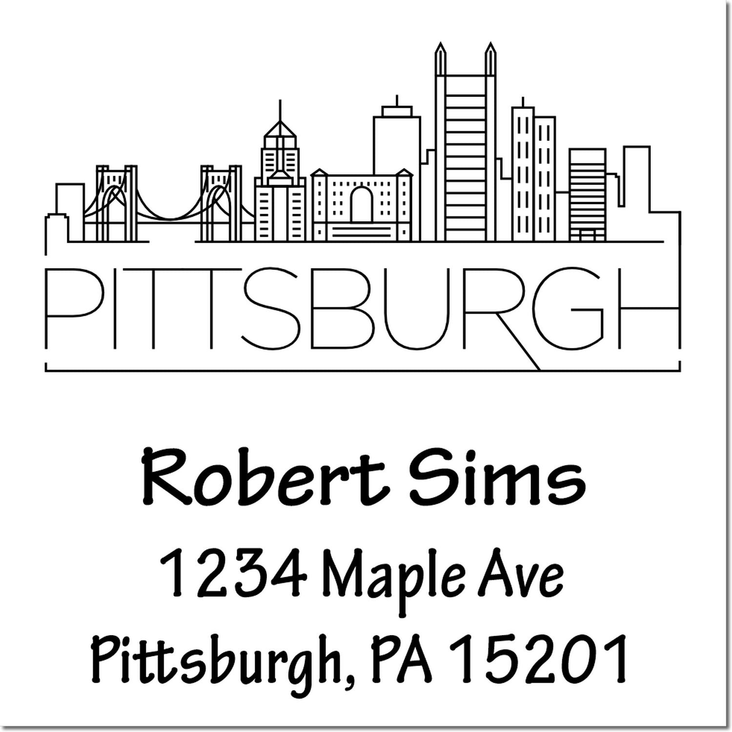 Custom Pittsburgh address rubber stamp with skyline, Robert Sims, 1234 Maple Ave, Pittsburgh, PA 15201