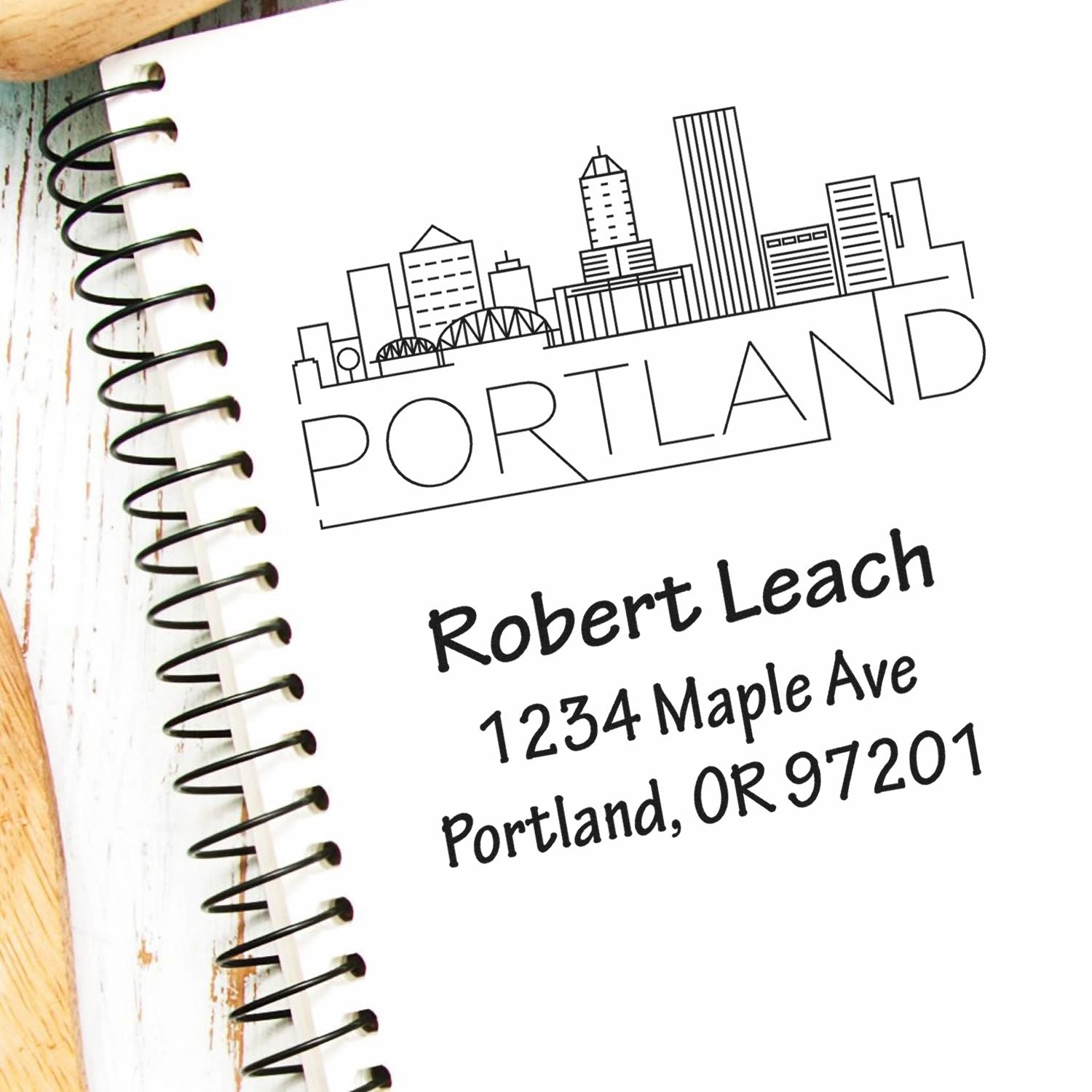 Personalized Portland skyline rubber address stamp with custom name and mailing address for return envelopes and stationery.