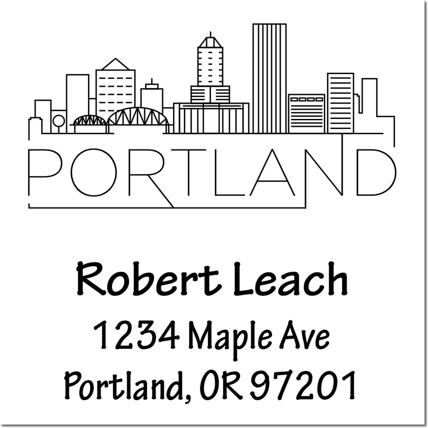 Custom Portland return address rubber stamp with skyline, Robert Leach, 1234 Maple Ave, Portland, OR 97201.