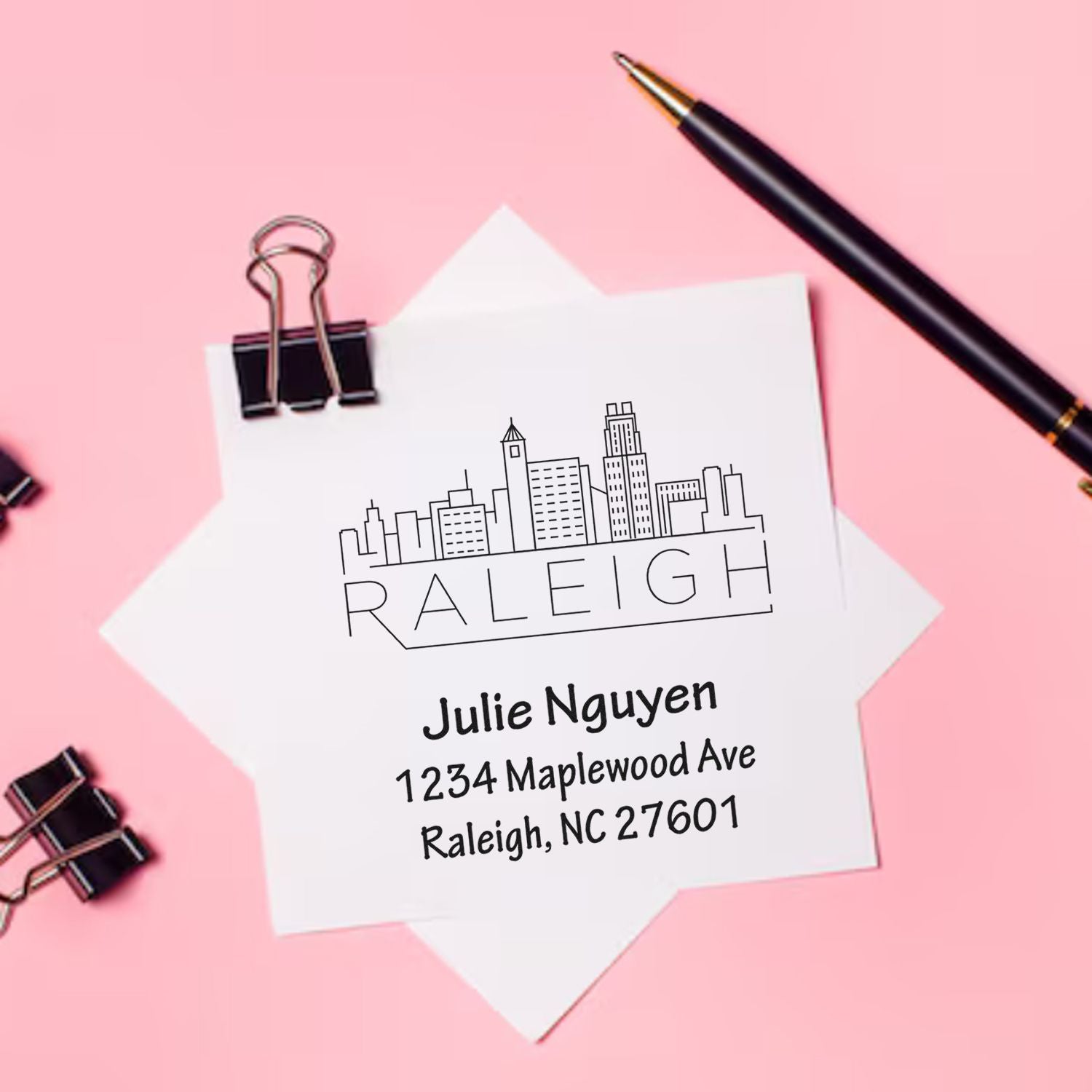 Personalized Raleigh address rubber stamp with skyline design for custom return address envelopes and mail.
