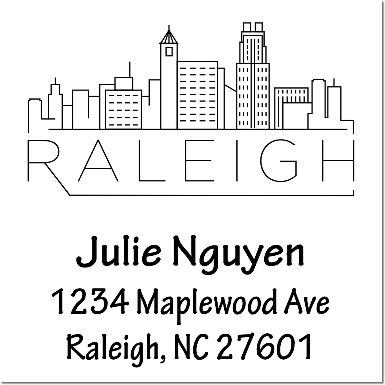 Personalized Raleigh skyline address rubber stamp with Julie Nguyen, 1234 Maplewood Ave, Raleigh, NC 27601.