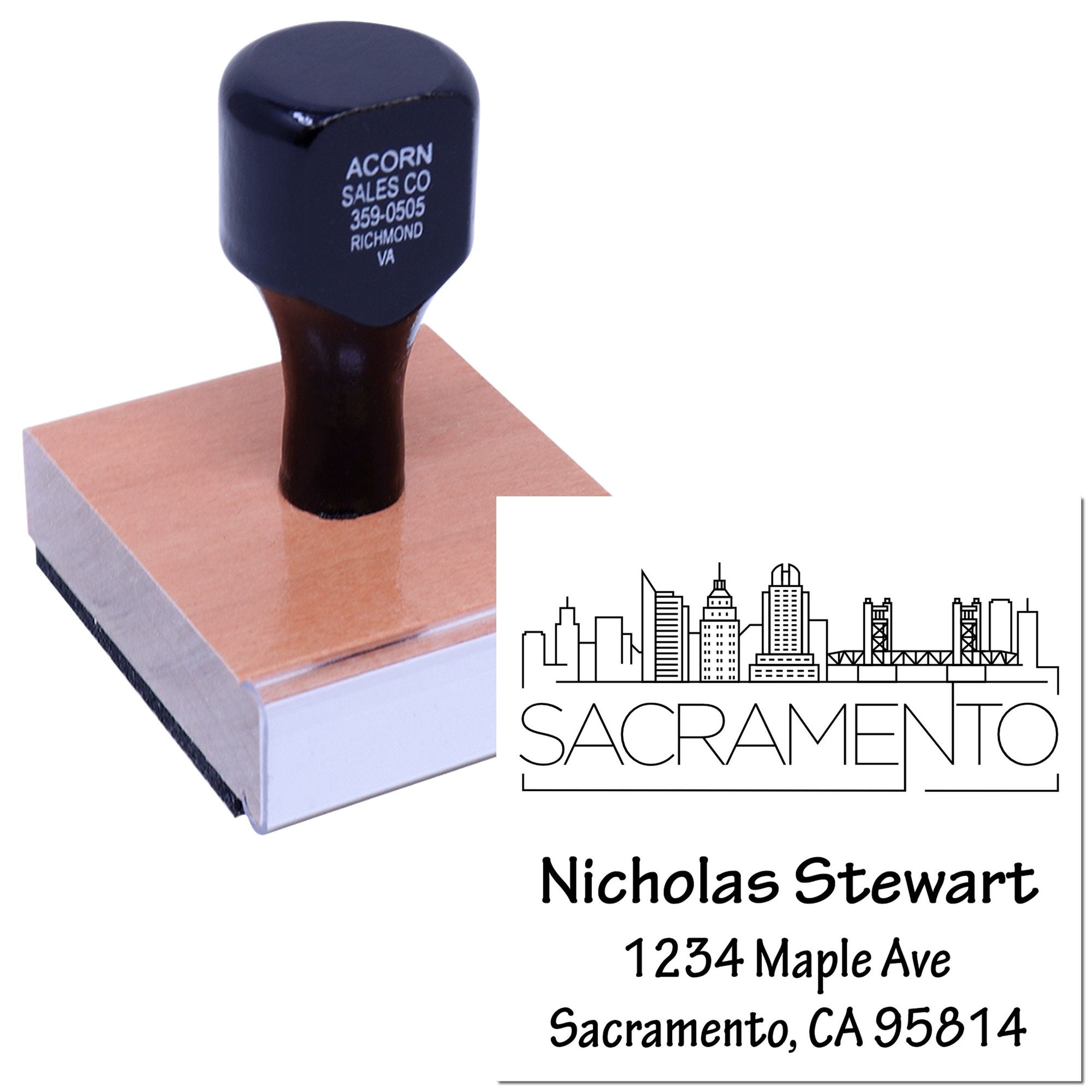 Custom Sacramento address rubber stamp with skyline design, Nicholas Stewart name, and return address details.