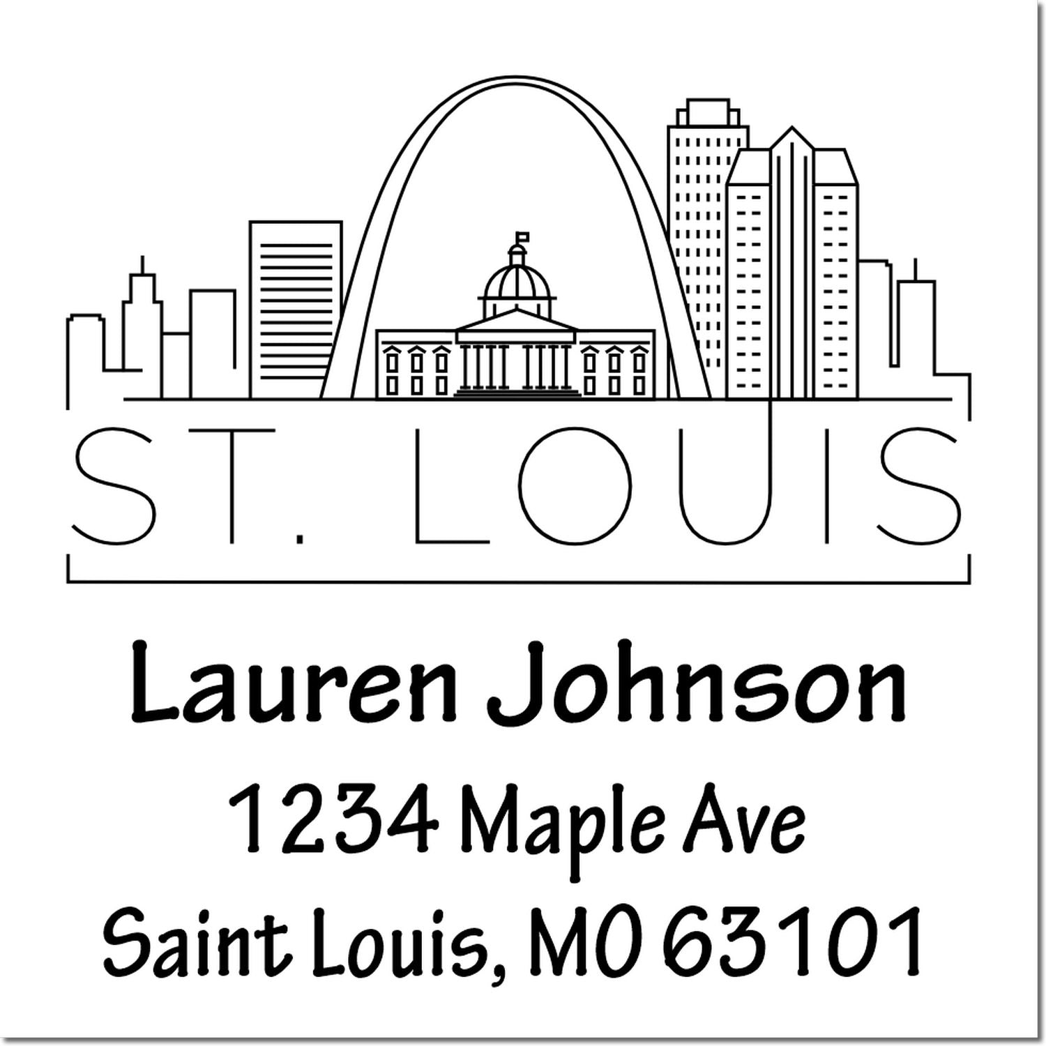 Custom St. Louis rubber address stamp with skyline, Lauren Johnson, 1234 Maple Ave, Saint Louis, MO 63101