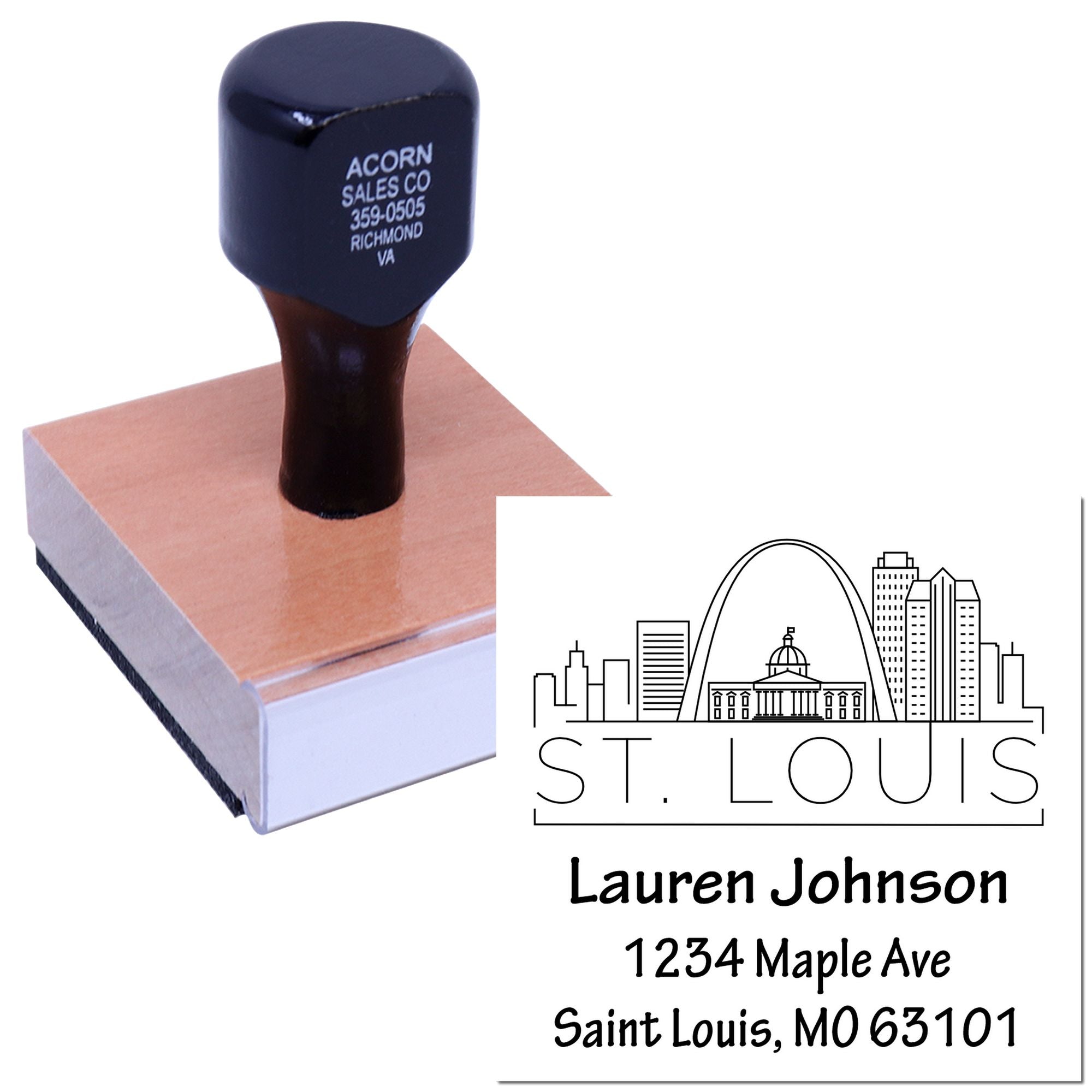 Personalized return address rubber stamp with St. Louis skyline design, name, and address imprint