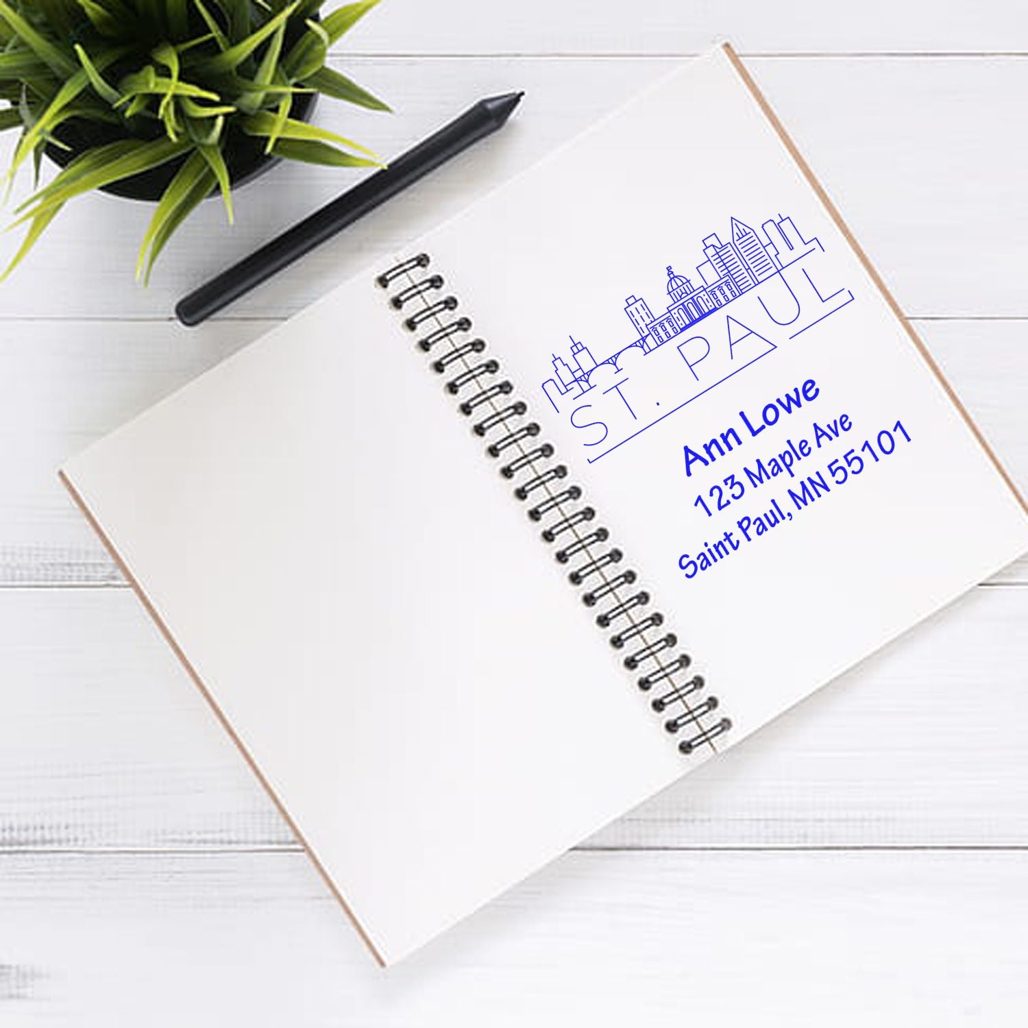 Custom St. Paul address rubber stamp with skyline design and return address for envelopes, notebooks and business mail.