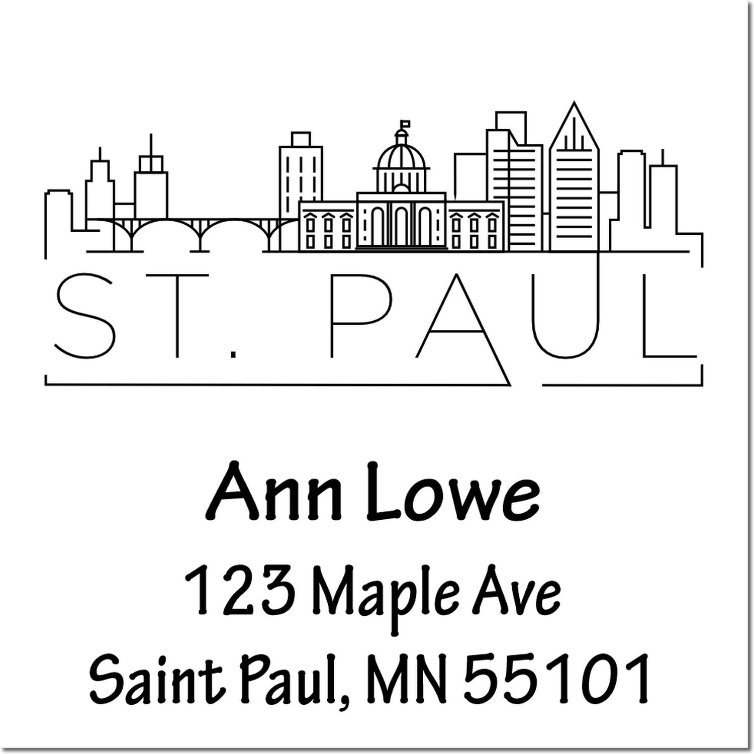 Custom St. Paul skyline return address rubber stamp for Ann Lowe, 123 Maple Ave, Saint Paul, MN 55101.