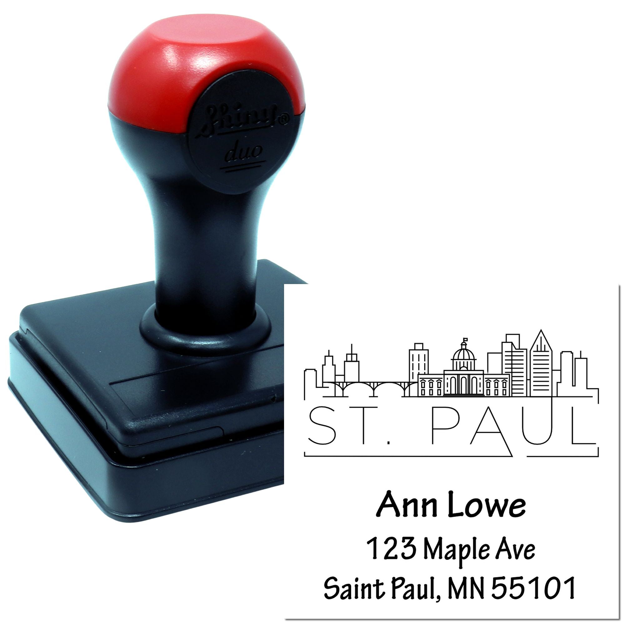 Custom self-inking rubber return address stamp with St. Paul skyline design for envelopes, labels, and mail.
