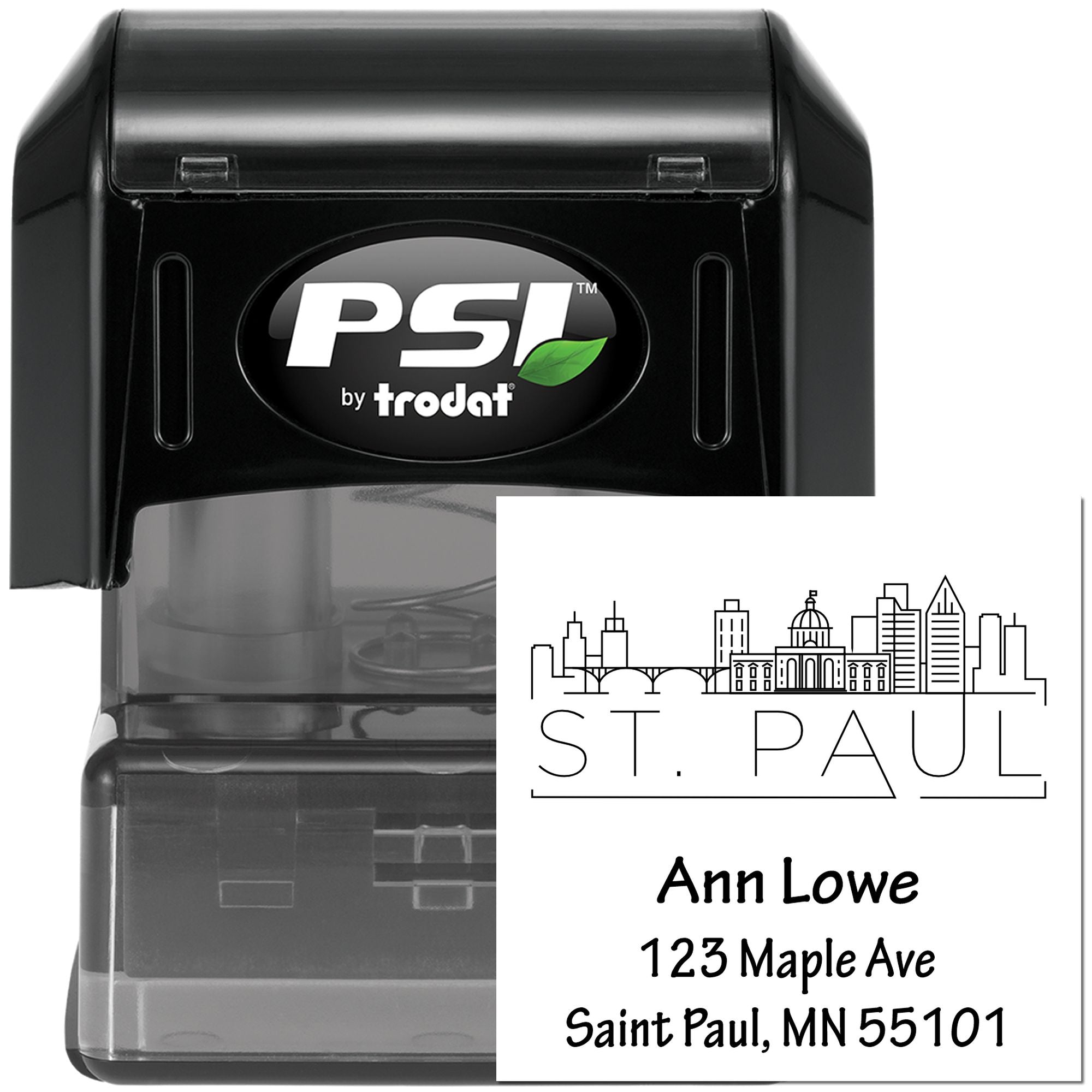 PSI by Trodat custom self-inking rubber stamp with St. Paul skyline, name, and address for mailing.