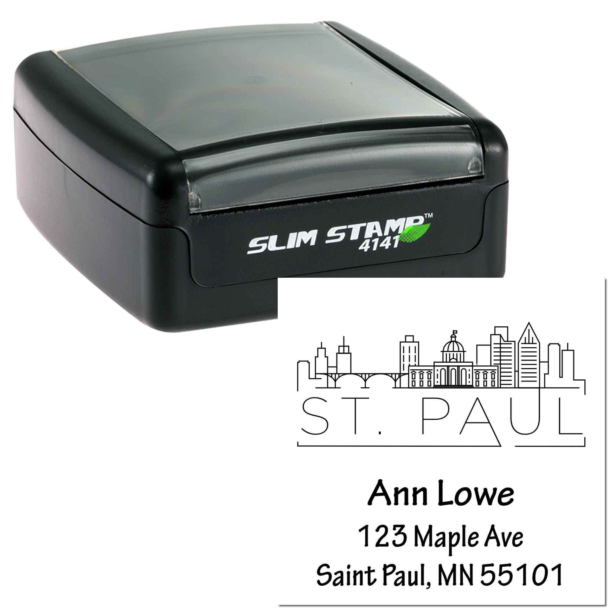 Slim Stamp 4141 self-inking rubber stamp for custom address printing, featuring St. Paul skyline and name.