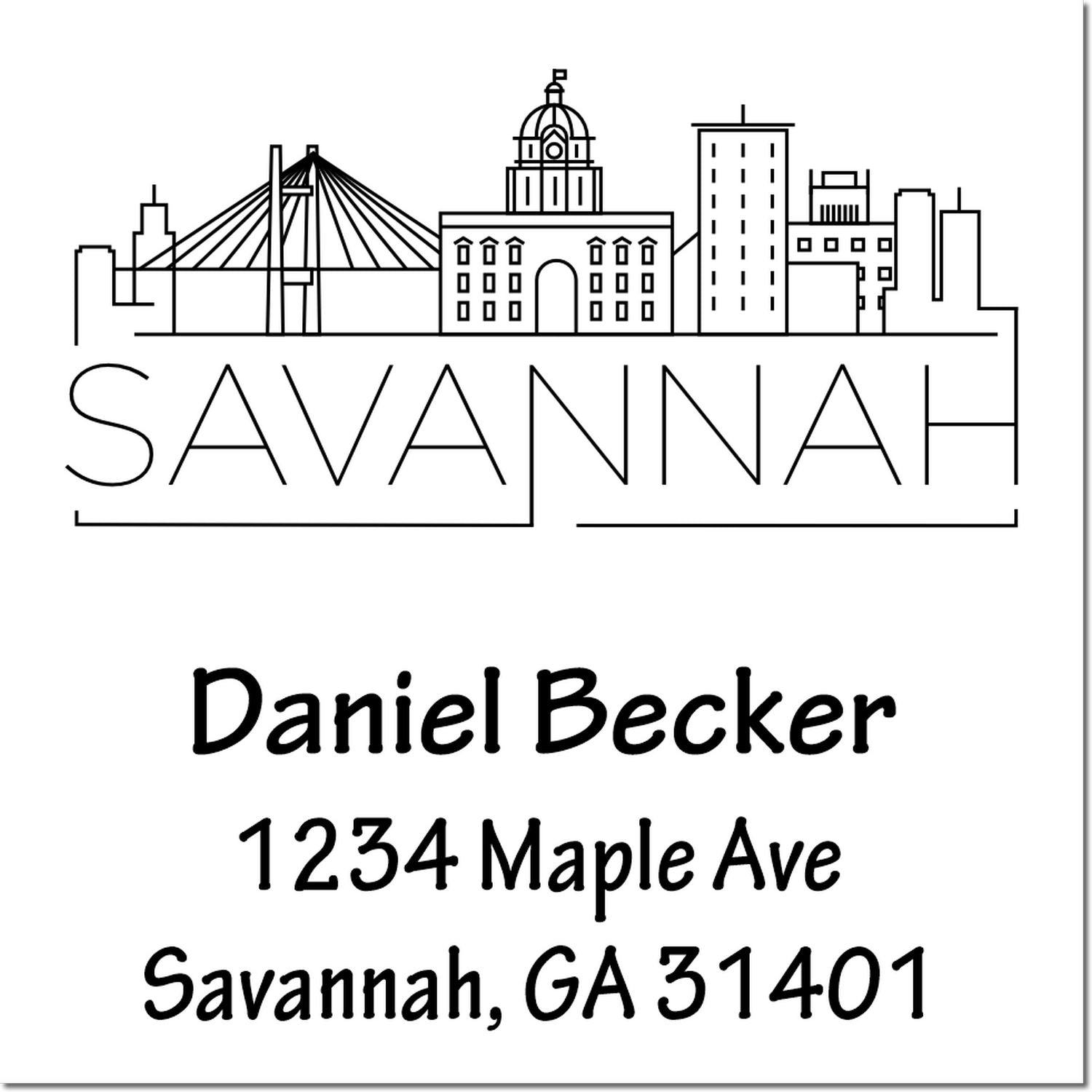 Custom Savannah return address rubber stamp with skyline, Daniel Becker, 1234 Maple Ave, Savannah, GA 31401.