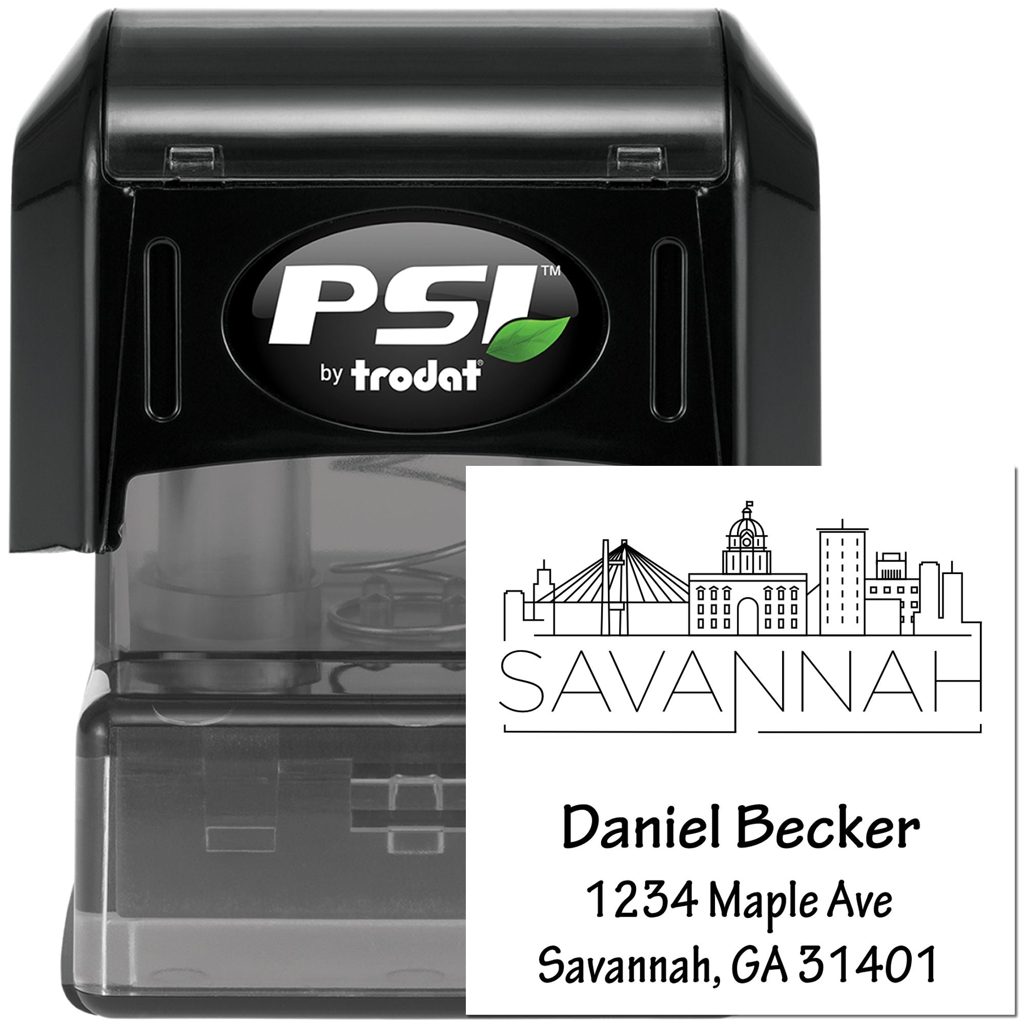 Custom self-inking rubber address stamp with Savannah skyline, Daniel Becker name, and return address imprint.