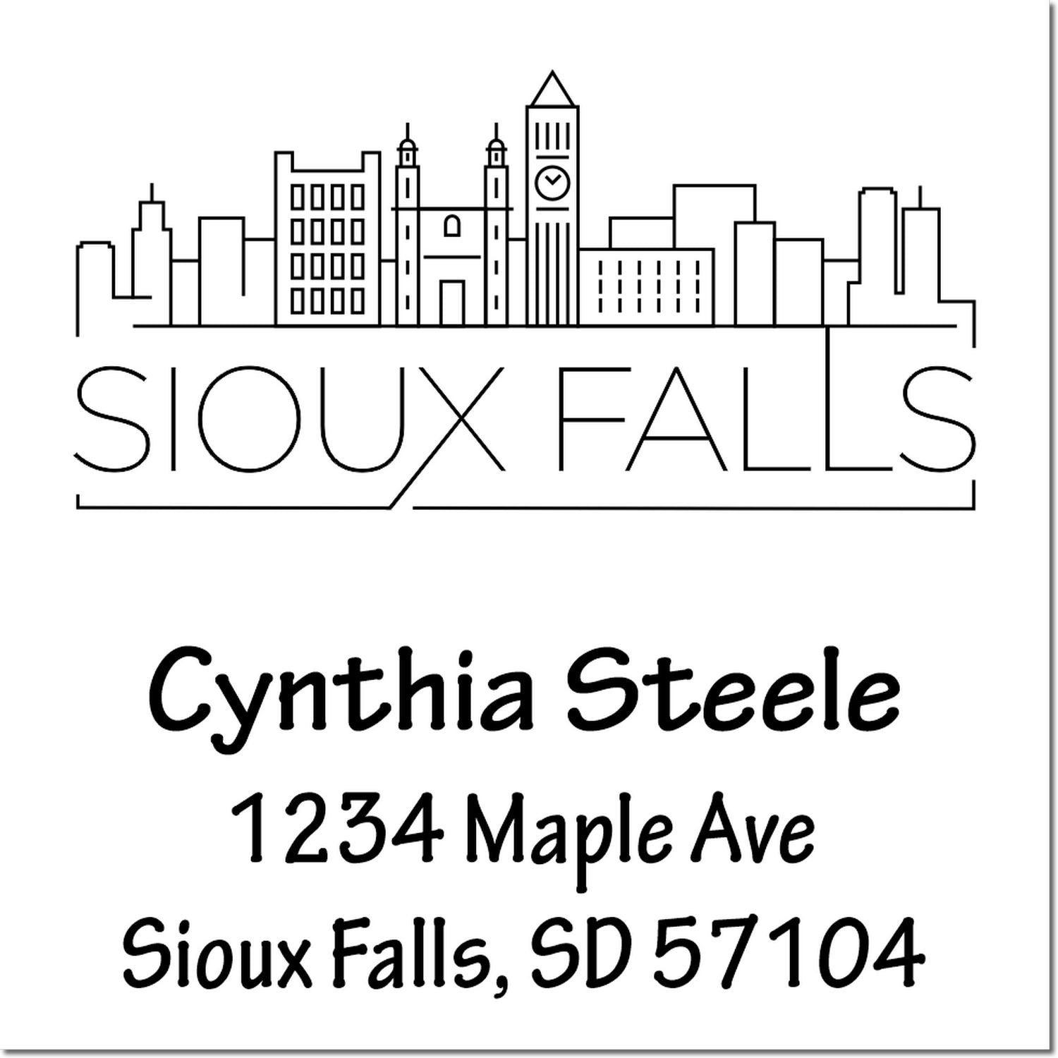 Custom Sioux Falls skyline return address rubber stamp for Cynthia Steele, 1234 Maple Ave, Sioux Falls, SD 57104.