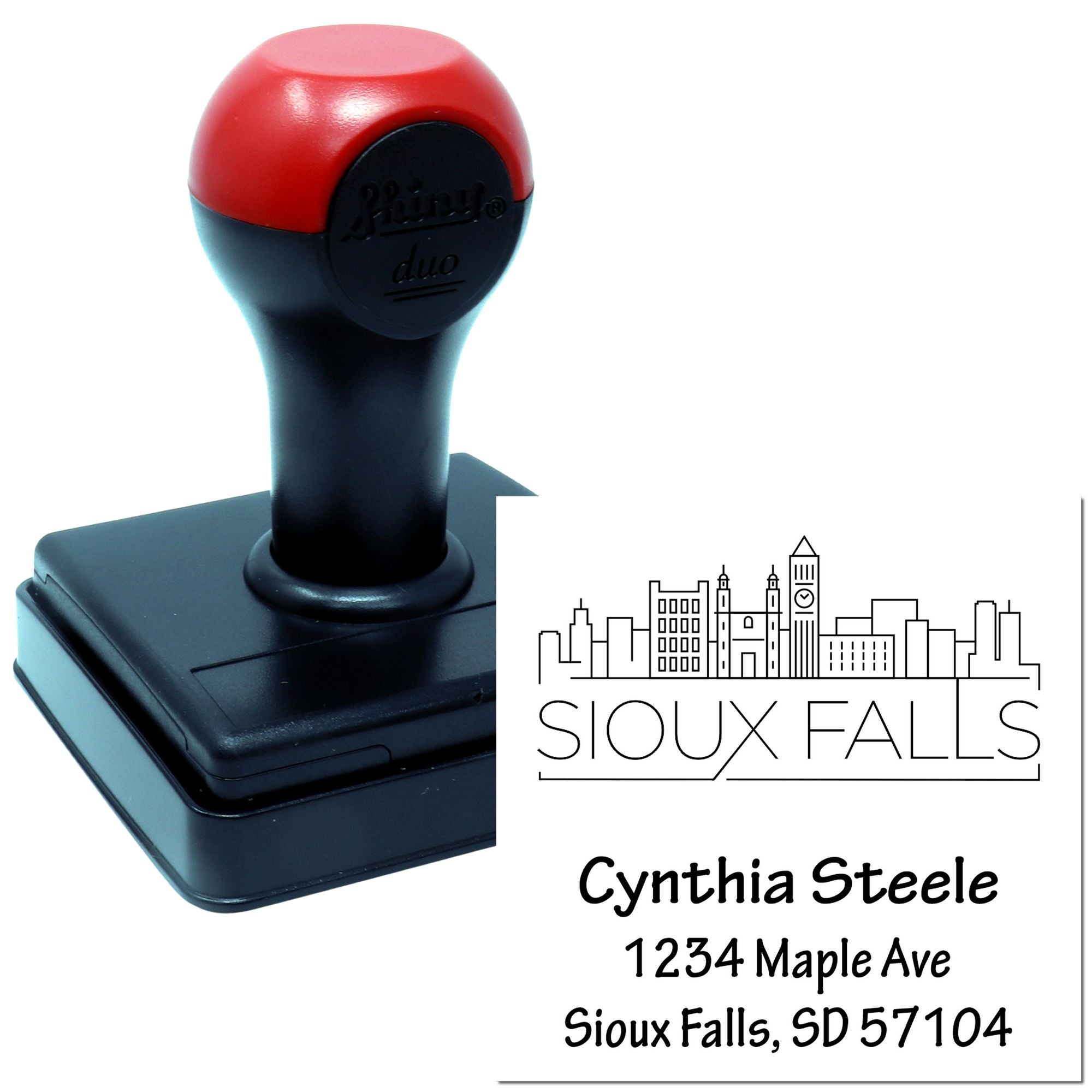 Custom self-inking rubber stamp for Sioux Falls address labels with city logo, name, street, and ZIP code.