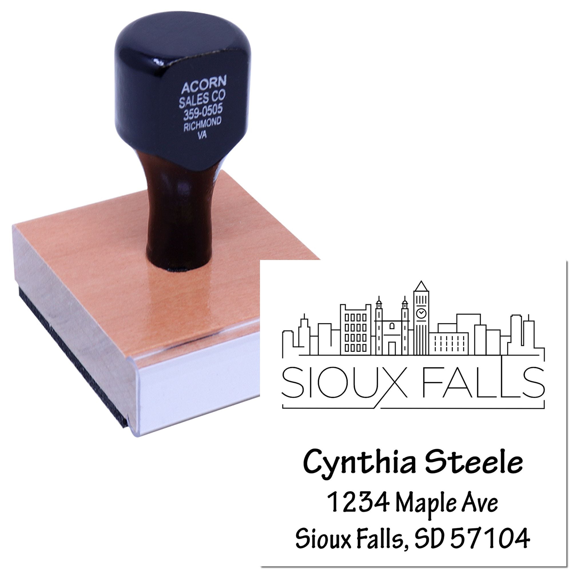 Custom rubber address stamp with Sioux Falls logo and return address for business mailings