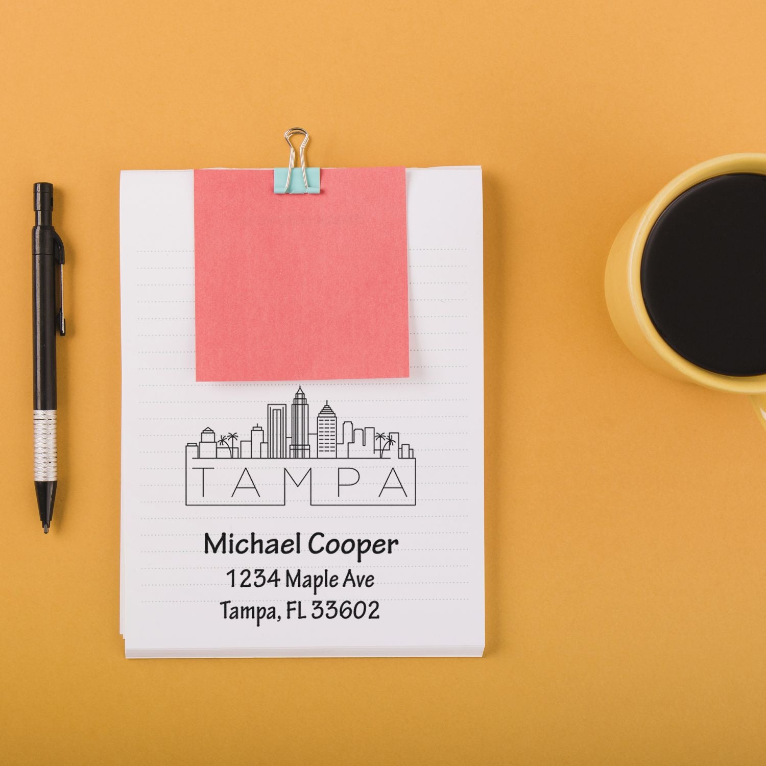 Custom Tampa address rubber stamp design with skyline logo, personalized name and address for stationery and business mail.