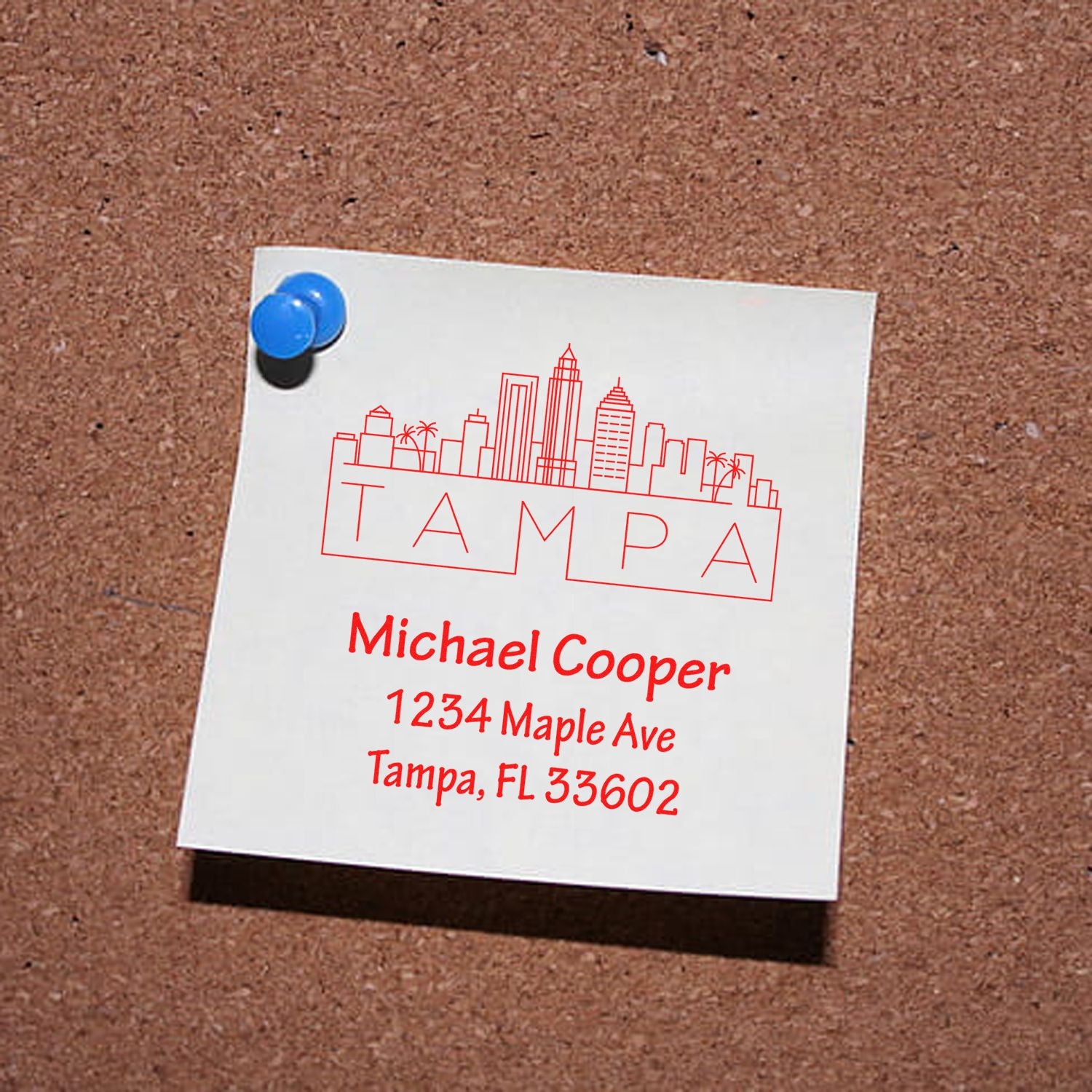 Custom Tampa skyline address rubber stamp for Michael Cooper, 1234 Maple Ave, Tampa, FL 33602