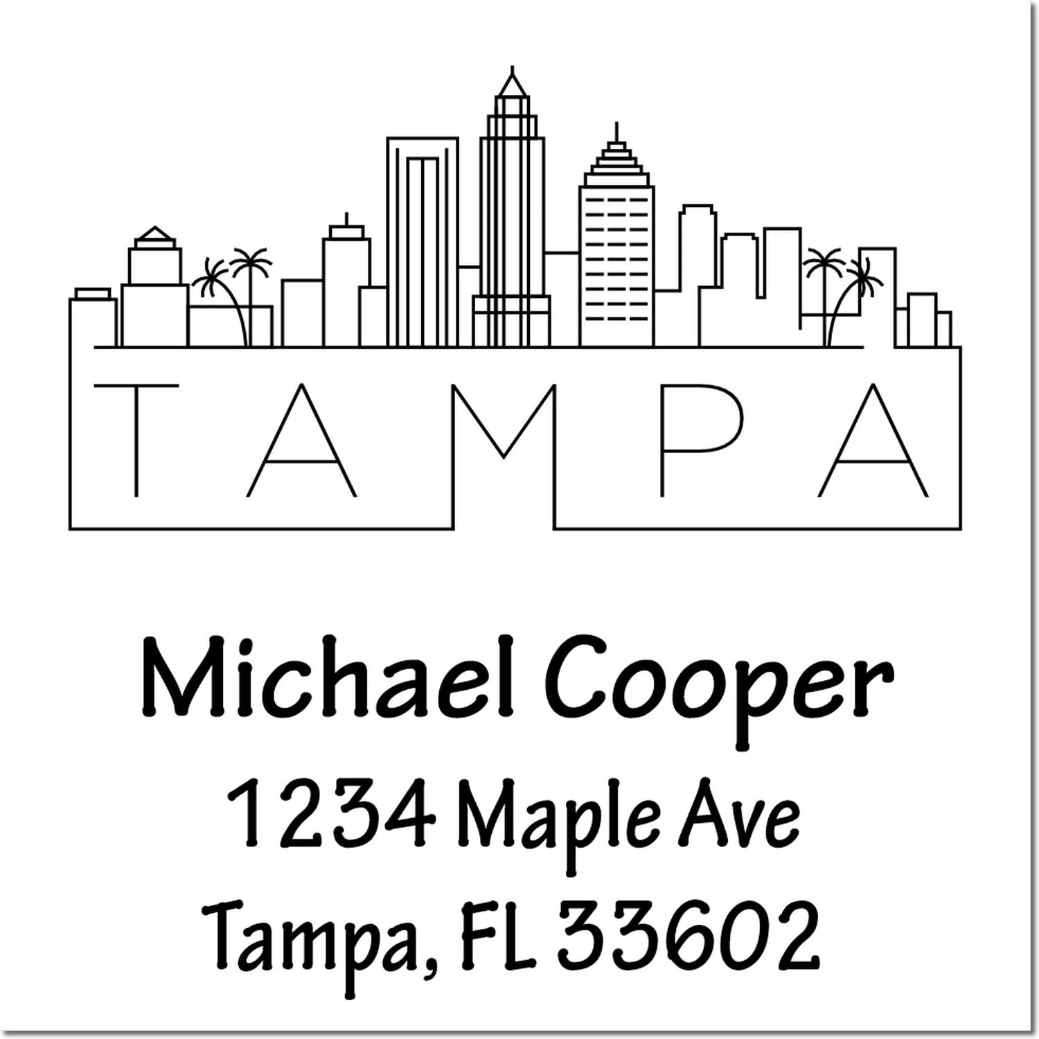 Custom Tampa skyline return address rubber stamp for Michael Cooper, 1234 Maple Ave, Tampa, FL 33602.