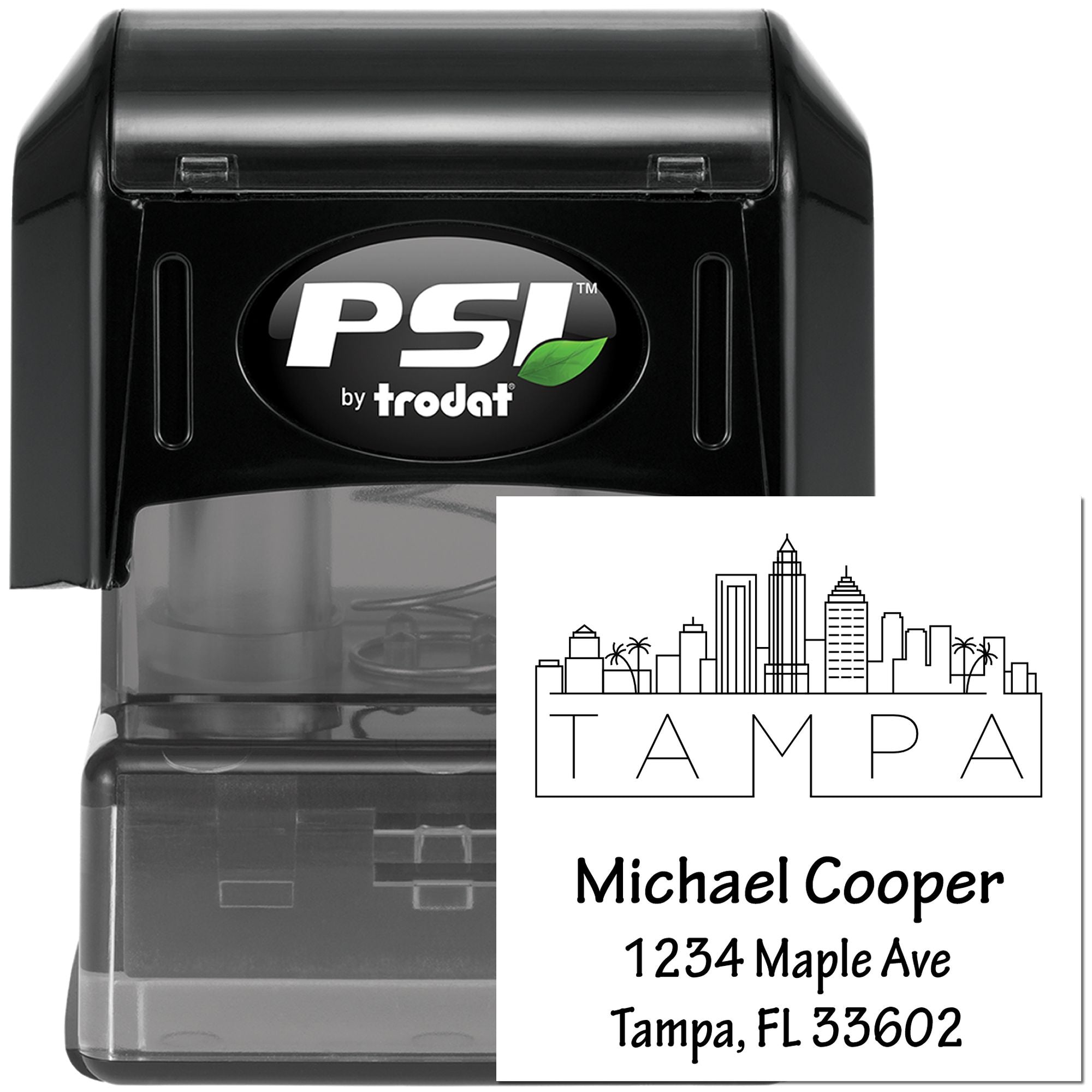 Custom self-inking rubber address stamp with Tampa skyline design, personalized name and address by PSI Trodat.