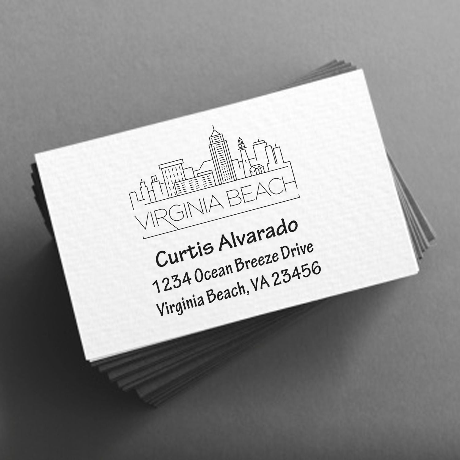 Custom Virginia Beach return address rubber stamp with skyline design for personalized mailings and business cards.