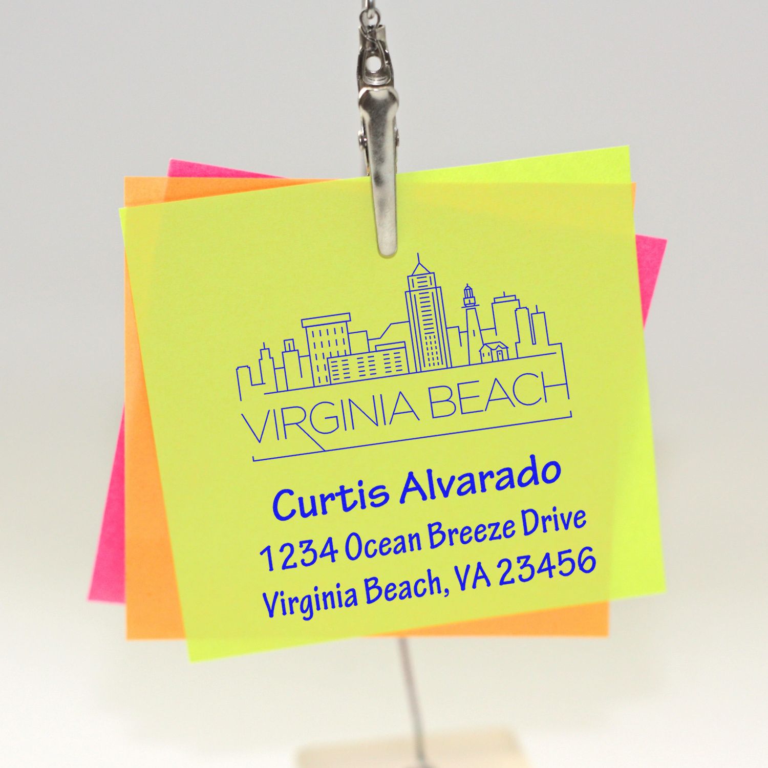 Personalized Virginia Beach return address rubber stamp with skyline design on colorful note cards