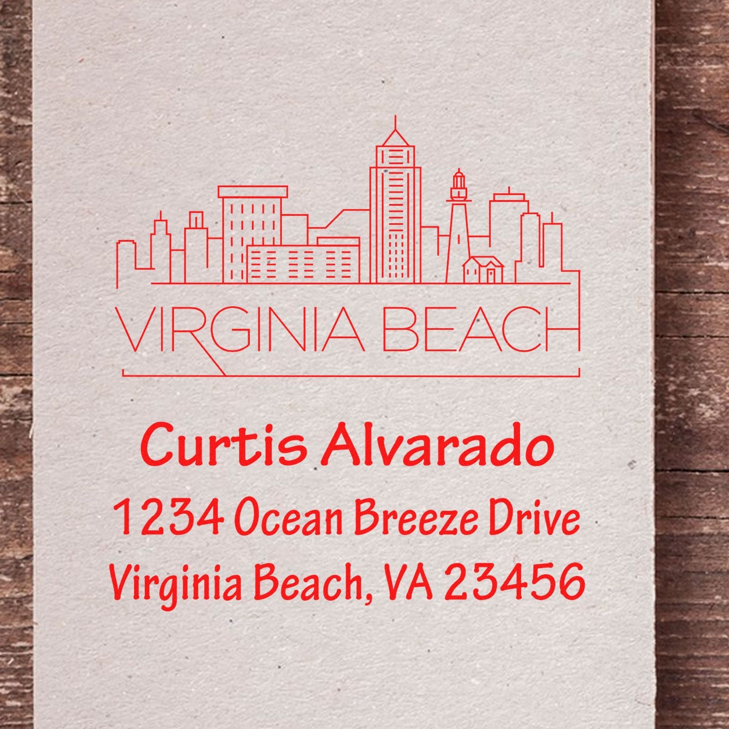 Custom Virginia Beach return address rubber stamp with skyline, Curtis Alvarado, and Ocean Breeze Drive.