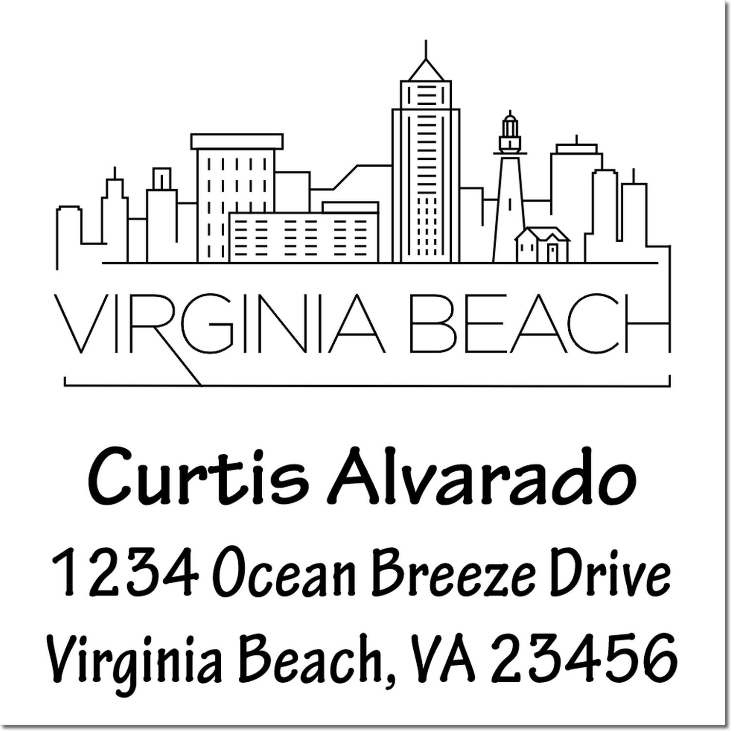 Custom Virginia Beach return address rubber stamp with skyline, Curtis Alvarado, 1234 Ocean Breeze Drive, VA 23456.