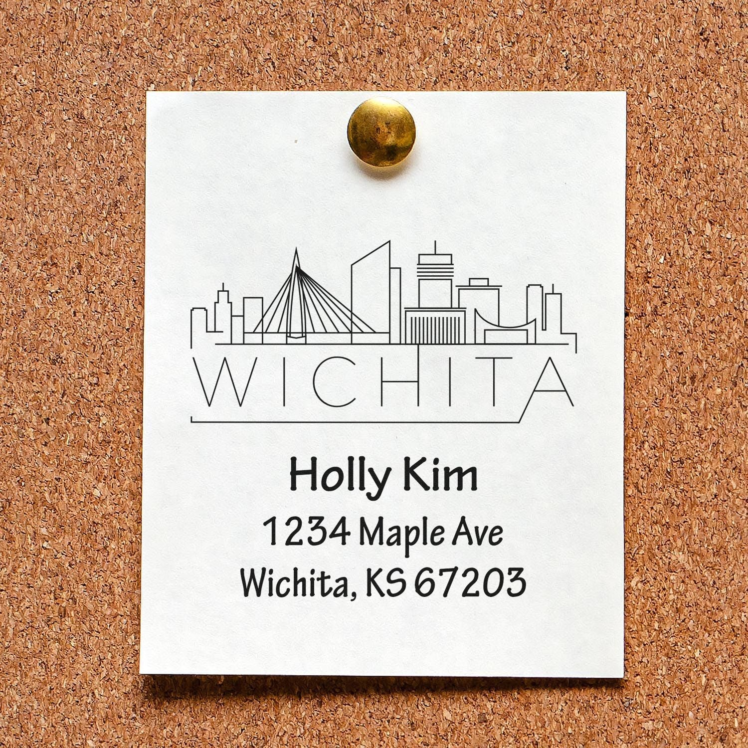 Personalized Wichita skyline rubber stamp with name and return address for envelopes and mailing.