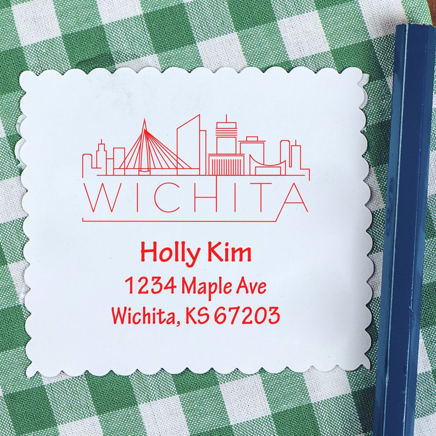 Custom Wichita skyline address rubber stamp with name and mailing address for personalized envelopes