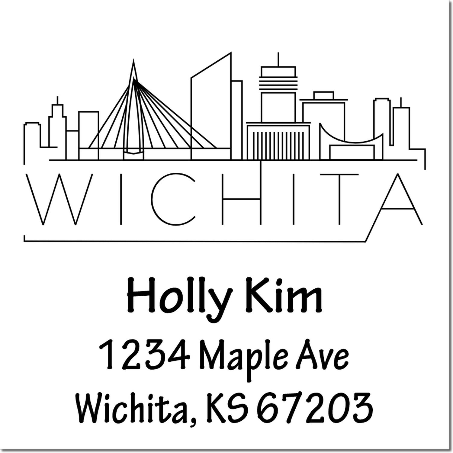 Custom Wichita skyline return address rubber stamp with Holly Kim, 1234 Maple Ave, Wichita, KS 67203.