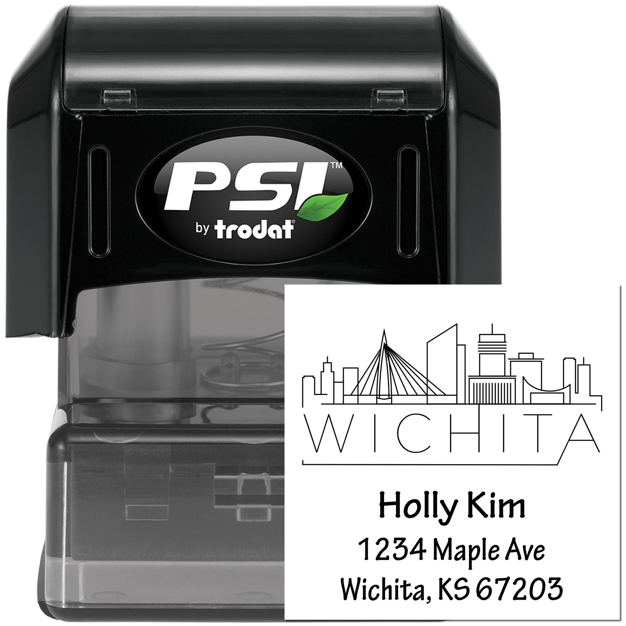 PSI by Trodat custom self-inking address rubber stamp with Wichita, KS name and mailing address design