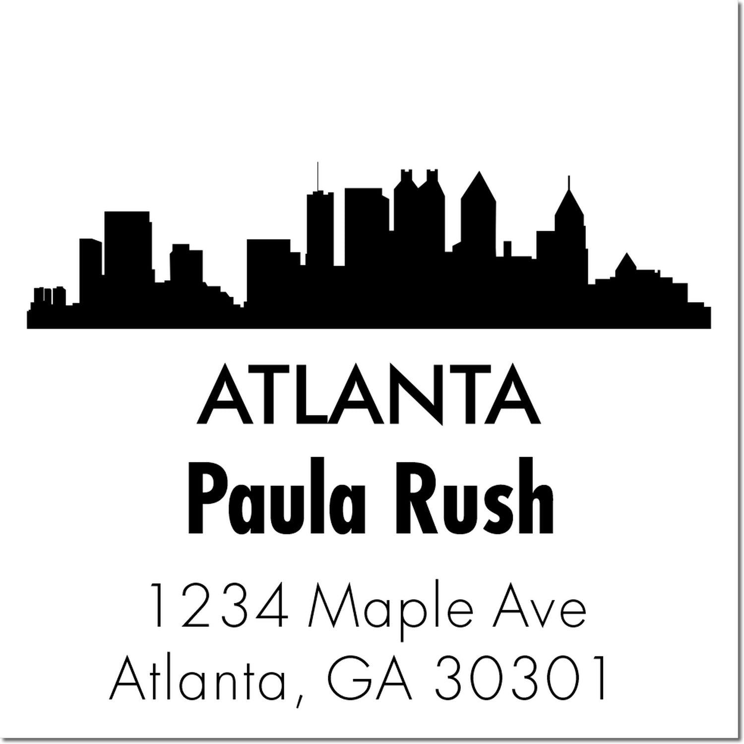 Atlanta skyline return address rubber stamp for Paula Rush, 1234 Maple Ave, Atlanta, GA 30301