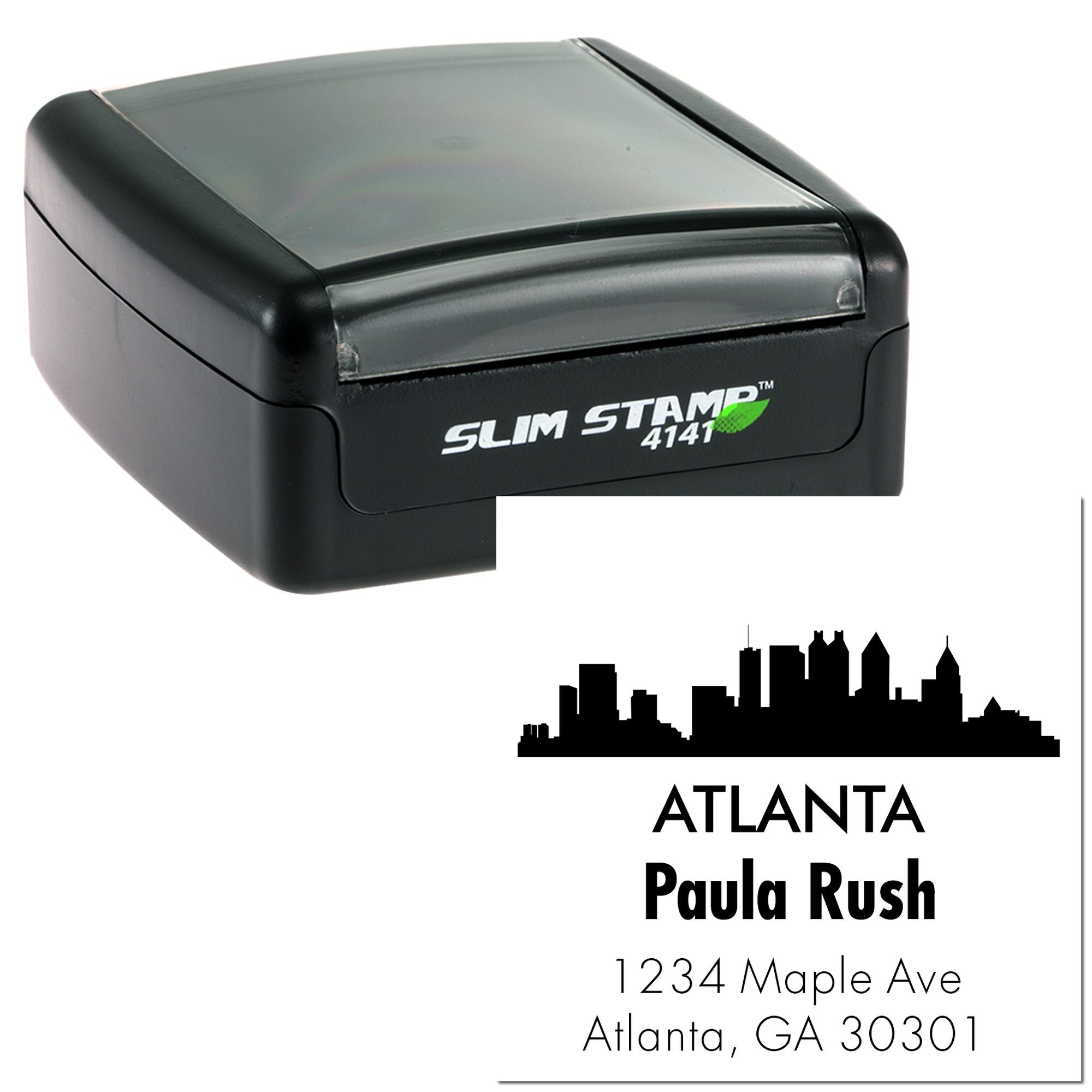 Custom self-inking address rubber stamp with Atlanta skyline, Paula Rush name, and Atlanta, GA return address.